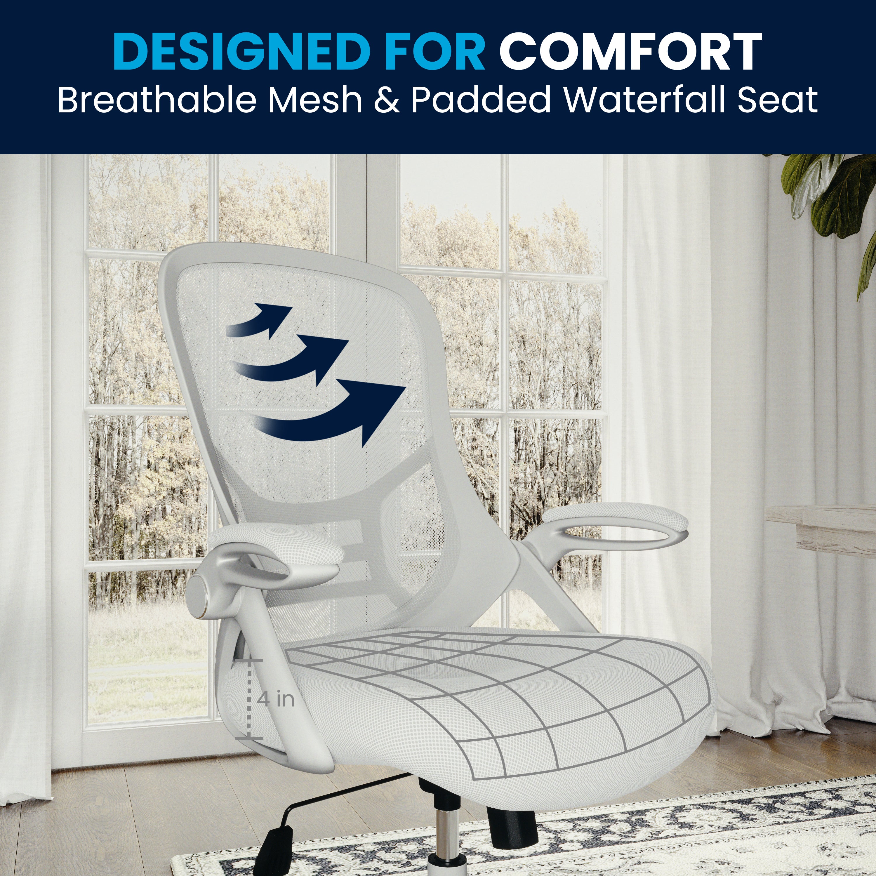 Porter High Back White Mesh Ergonomic Swivel Office Chair with White Frame and Flip-up Arms