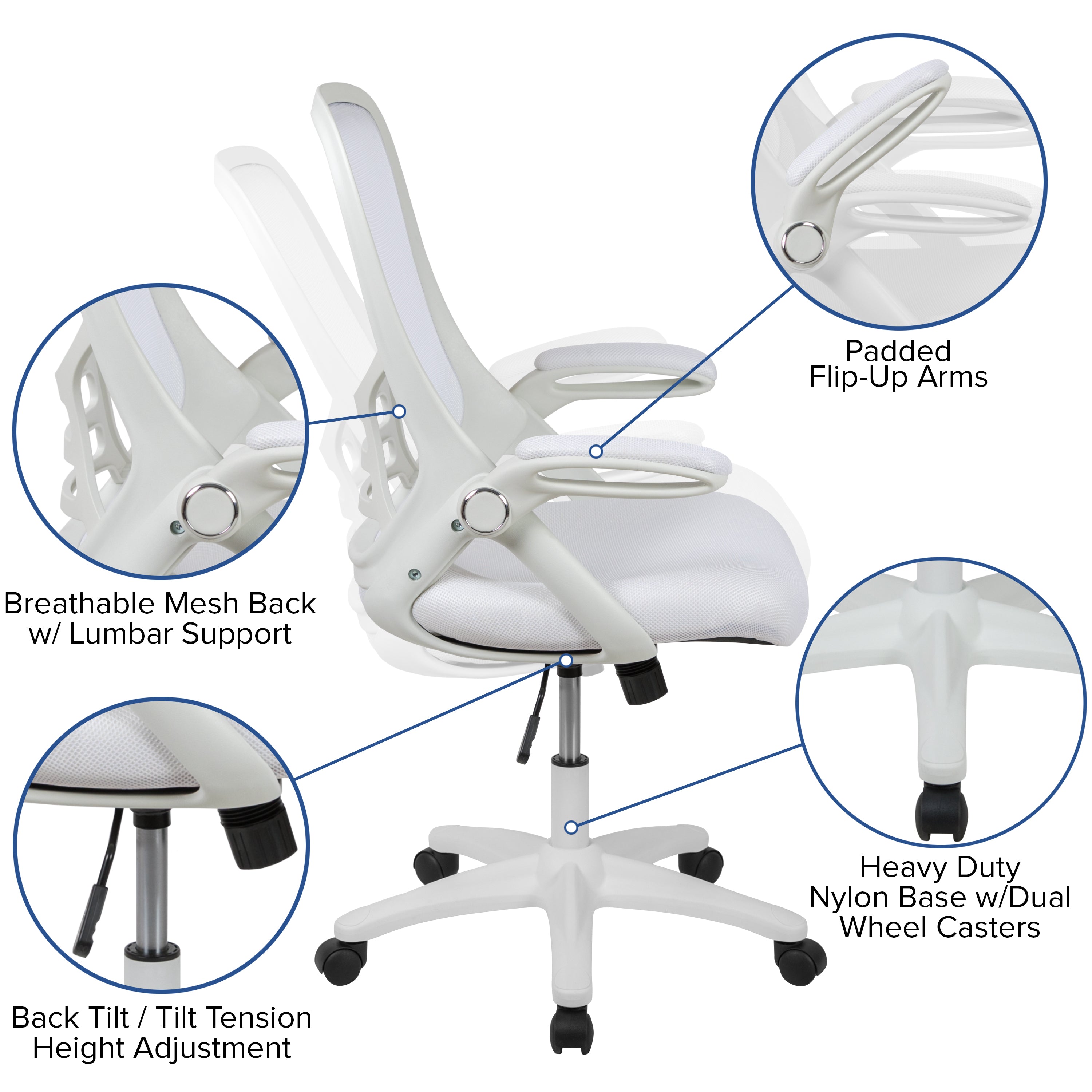 Porter High Back White Mesh Ergonomic Swivel Office Chair with White Frame and Flip-up Arms