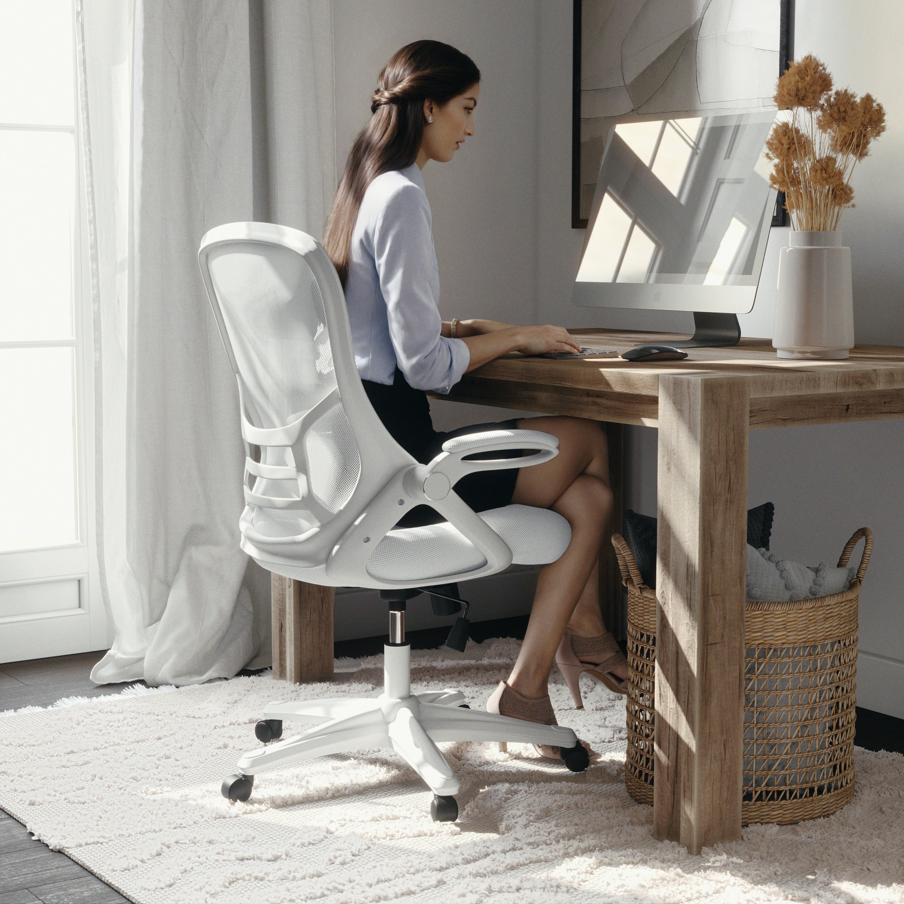 Porter High Back White Mesh Ergonomic Swivel Office Chair with White Frame and Flip-up Arms