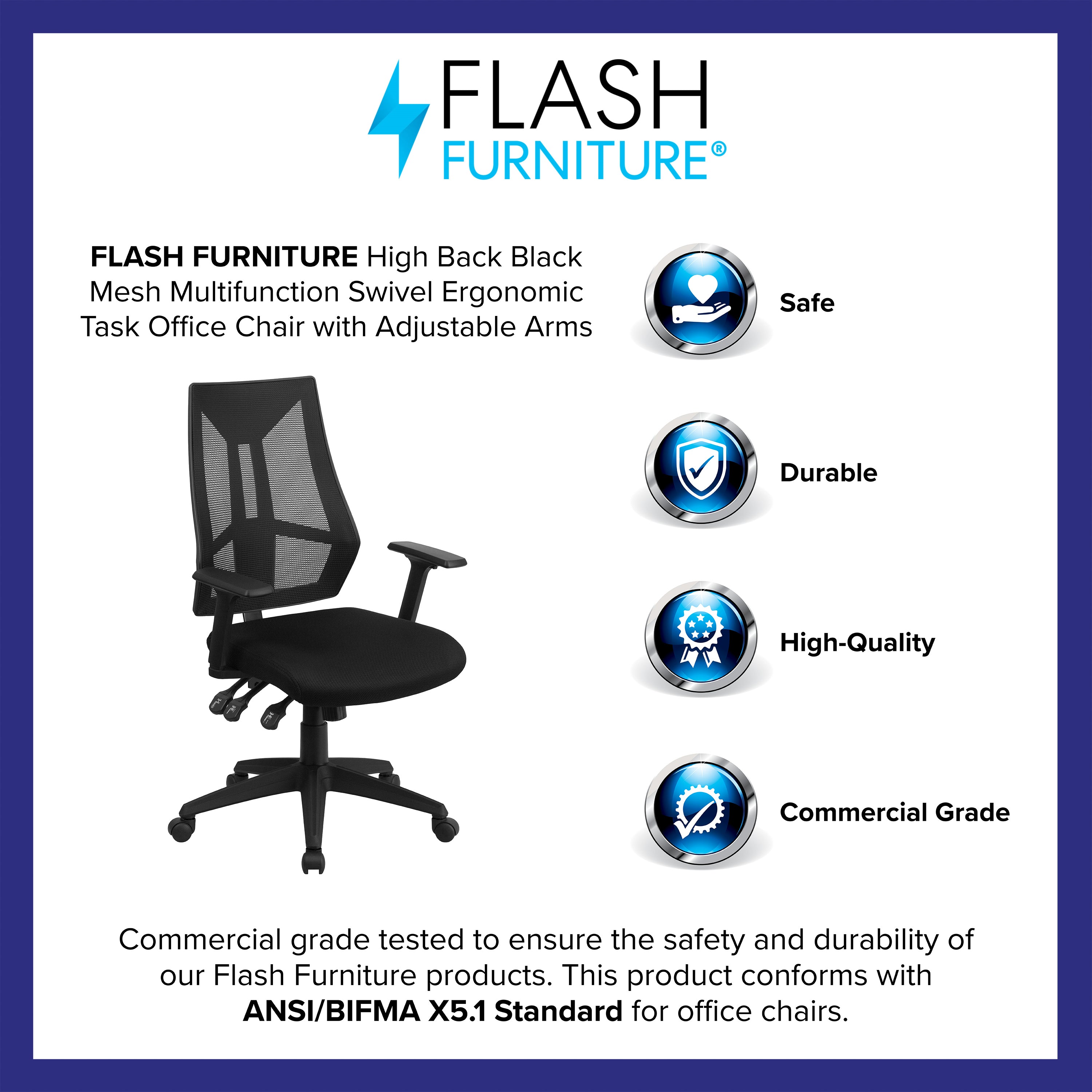 Ivan High Back Black Mesh Multifunction Swivel Ergonomic Task Office Chair with Adjustable Arms