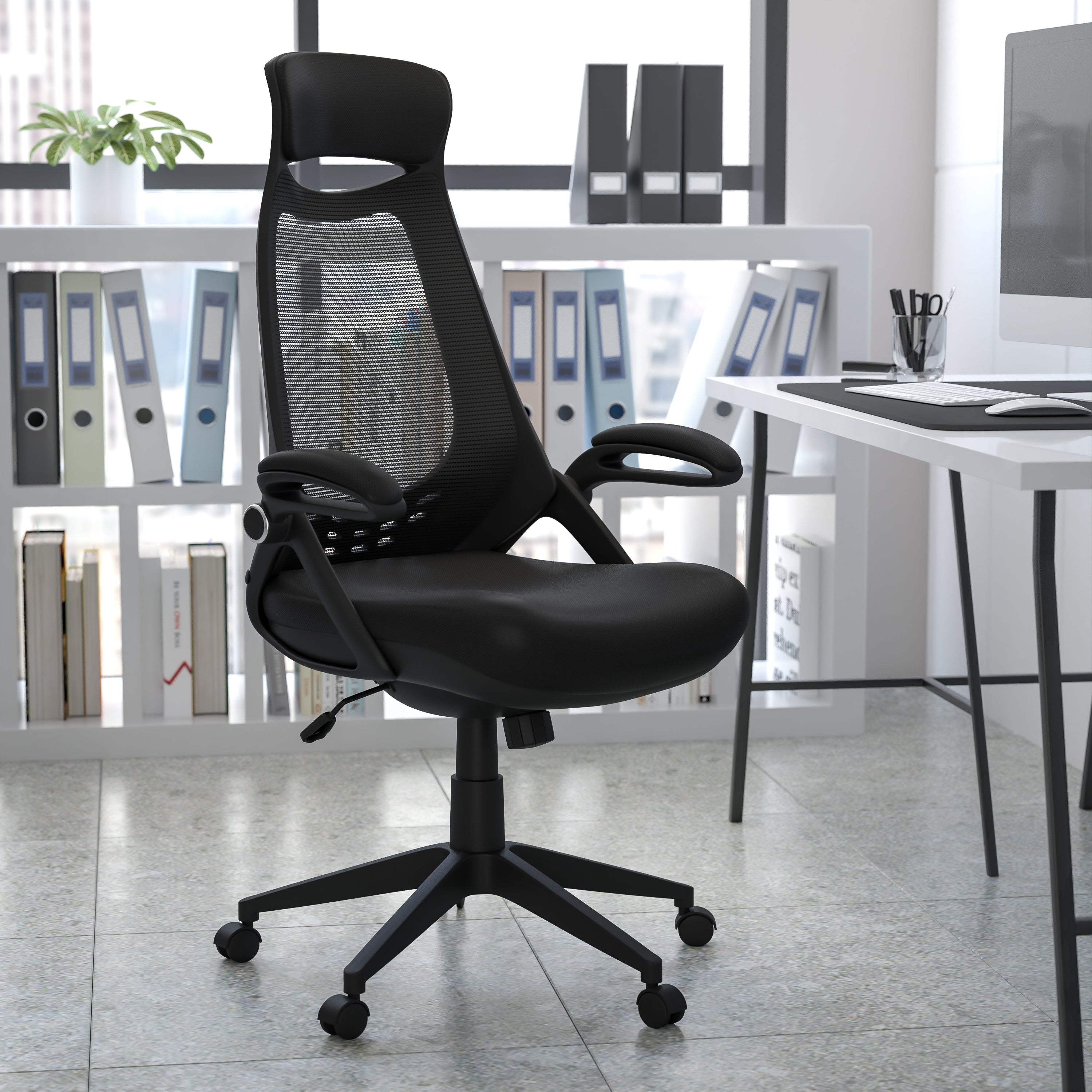 Ivan High Back Black Mesh Executive Swivel Office Chair with Flip-Up Arms