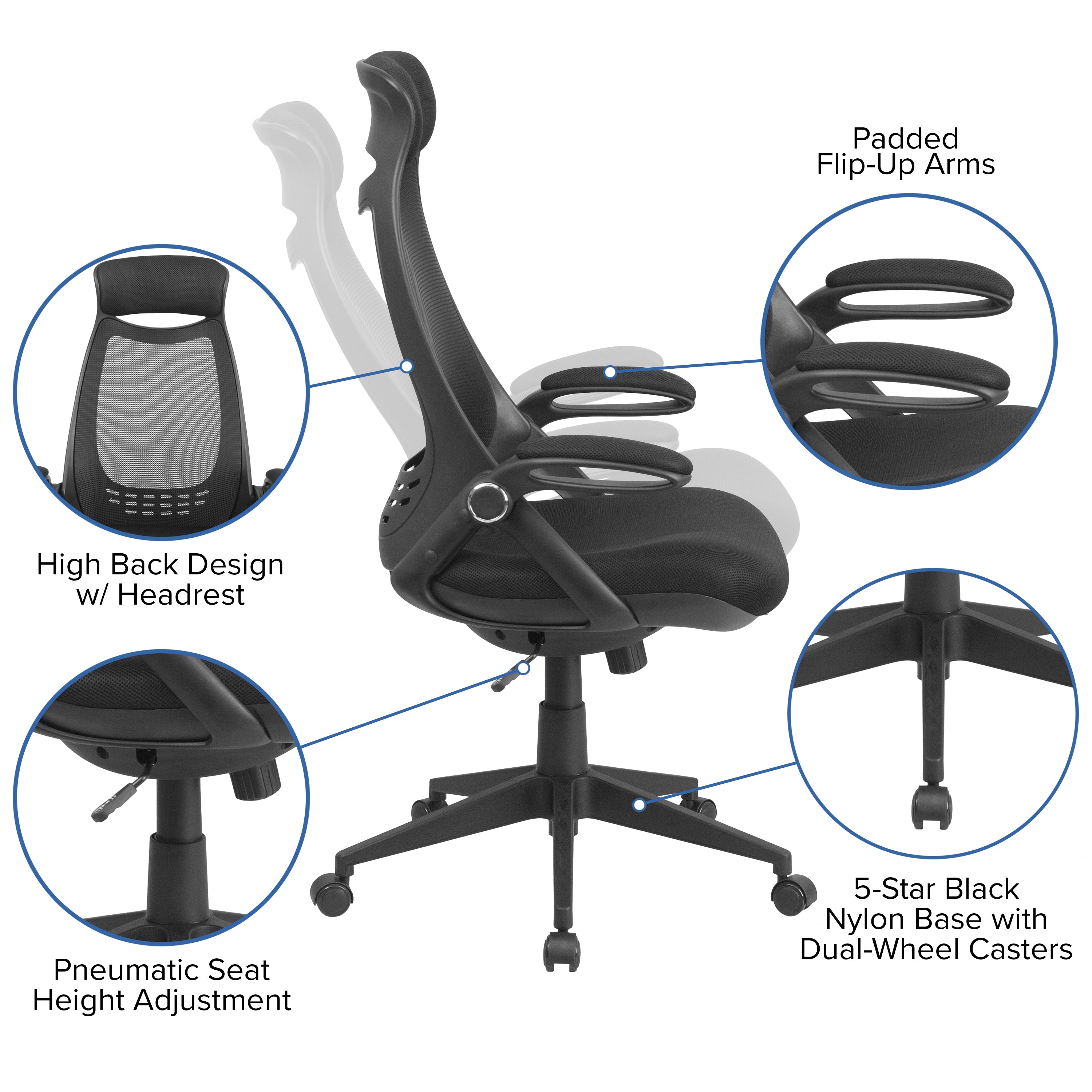 Ivan High Back Black Mesh Executive Swivel Office Chair with Flip-Up Arms