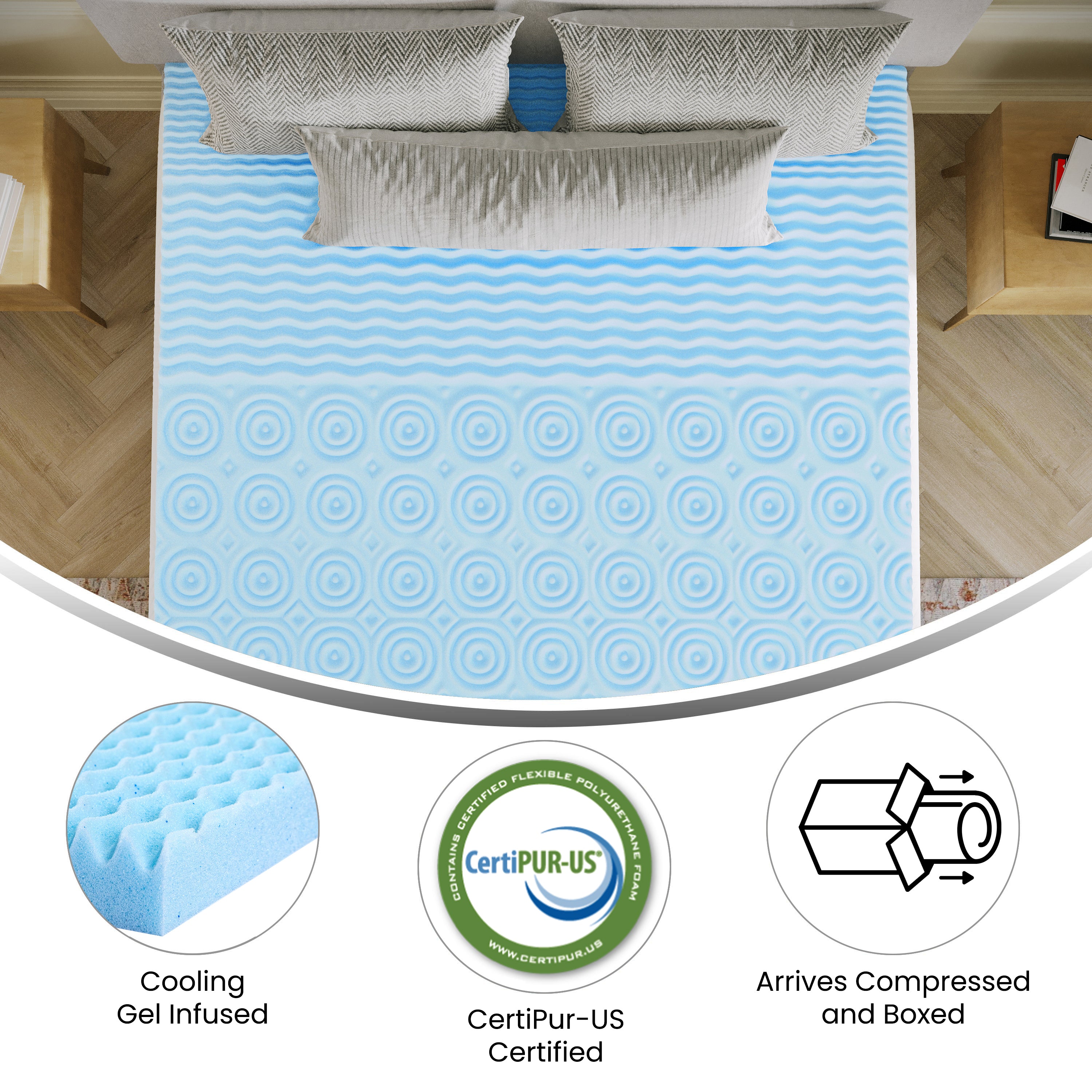 Capri Comfortable Sleep 2 Inch Cooling Gel Infused 5-Zone Queen Memory Foam Mattress Topper with CertiPUR-US Certified Foam
