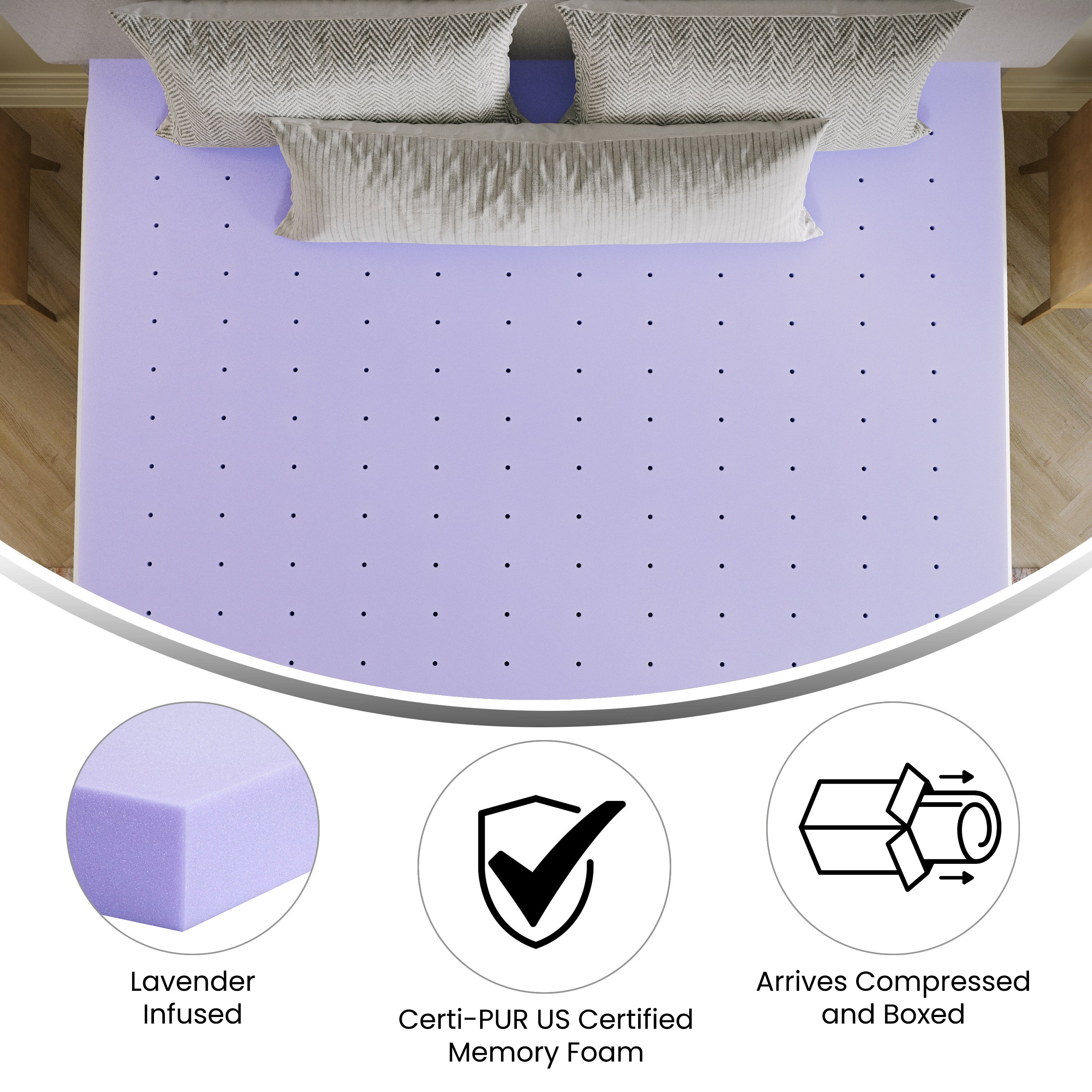 Capri Comfortable Sleep 3 Inch Lavender Infused King Memory Foam Mattress Topper with Ventilated Design and CertiPUR-US Certified Foam