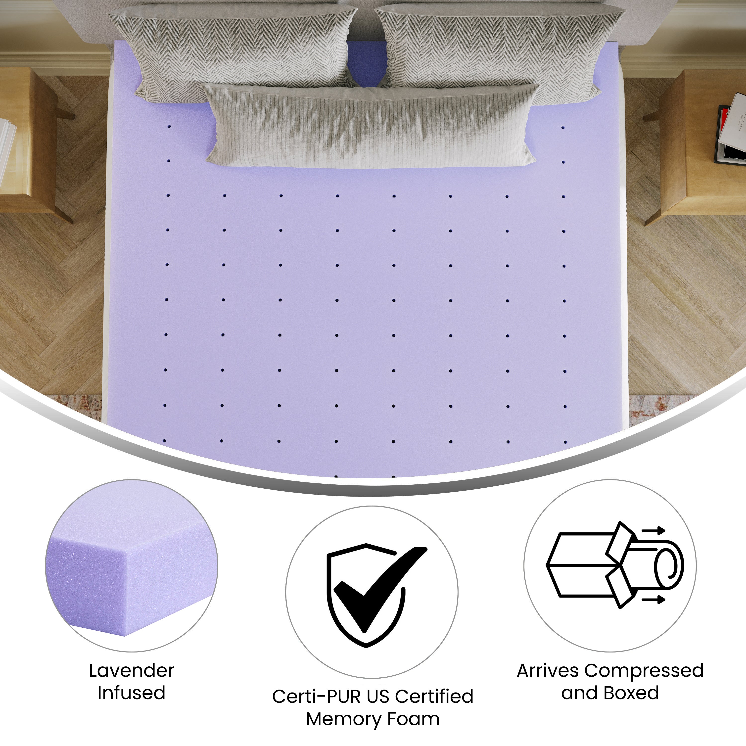 Capri Comfortable Sleep 3 Inch Lavender Infused Queen Memory Foam Mattress Topper with Ventilated Design and CertiPUR-US Certified Foam