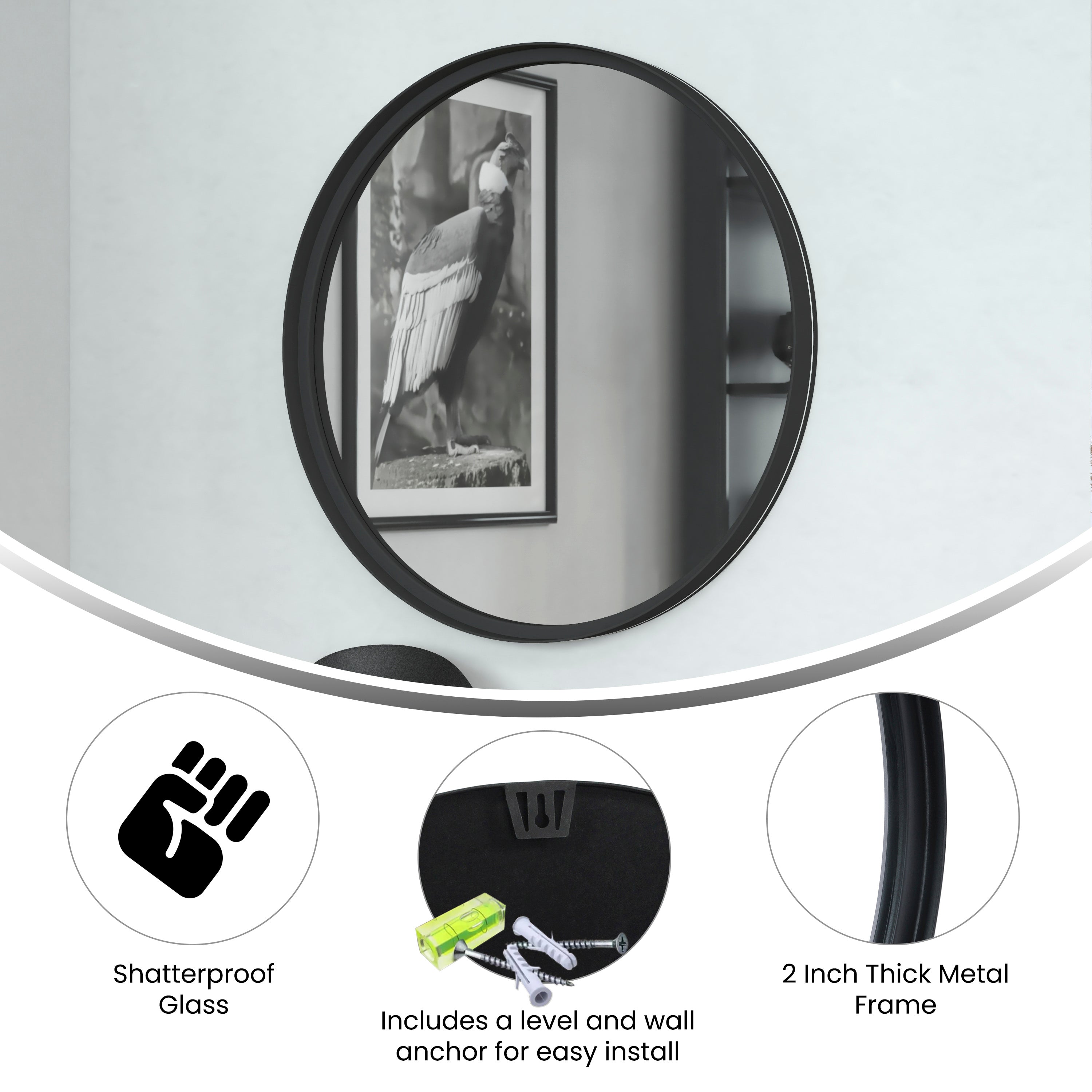Jennifer 24" Round Black Metal Deep Framed Wall Mirror - Large Accent Mirror for Bathroom, Entryway, Dining Room, & Living Room