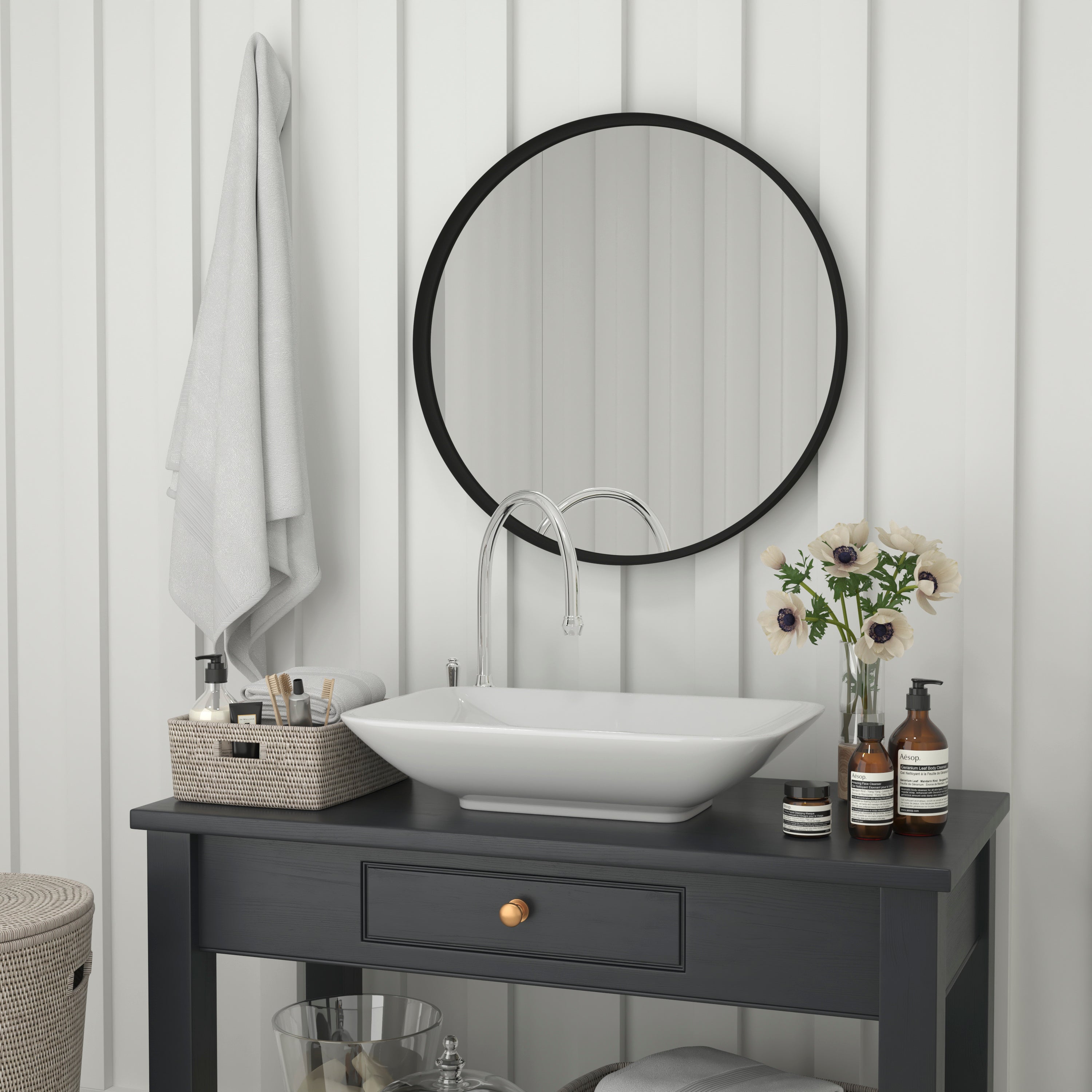 Jennifer 24" Round Black Metal Deep Framed Wall Mirror - Large Accent Mirror for Bathroom, Entryway, Dining Room, & Living Room