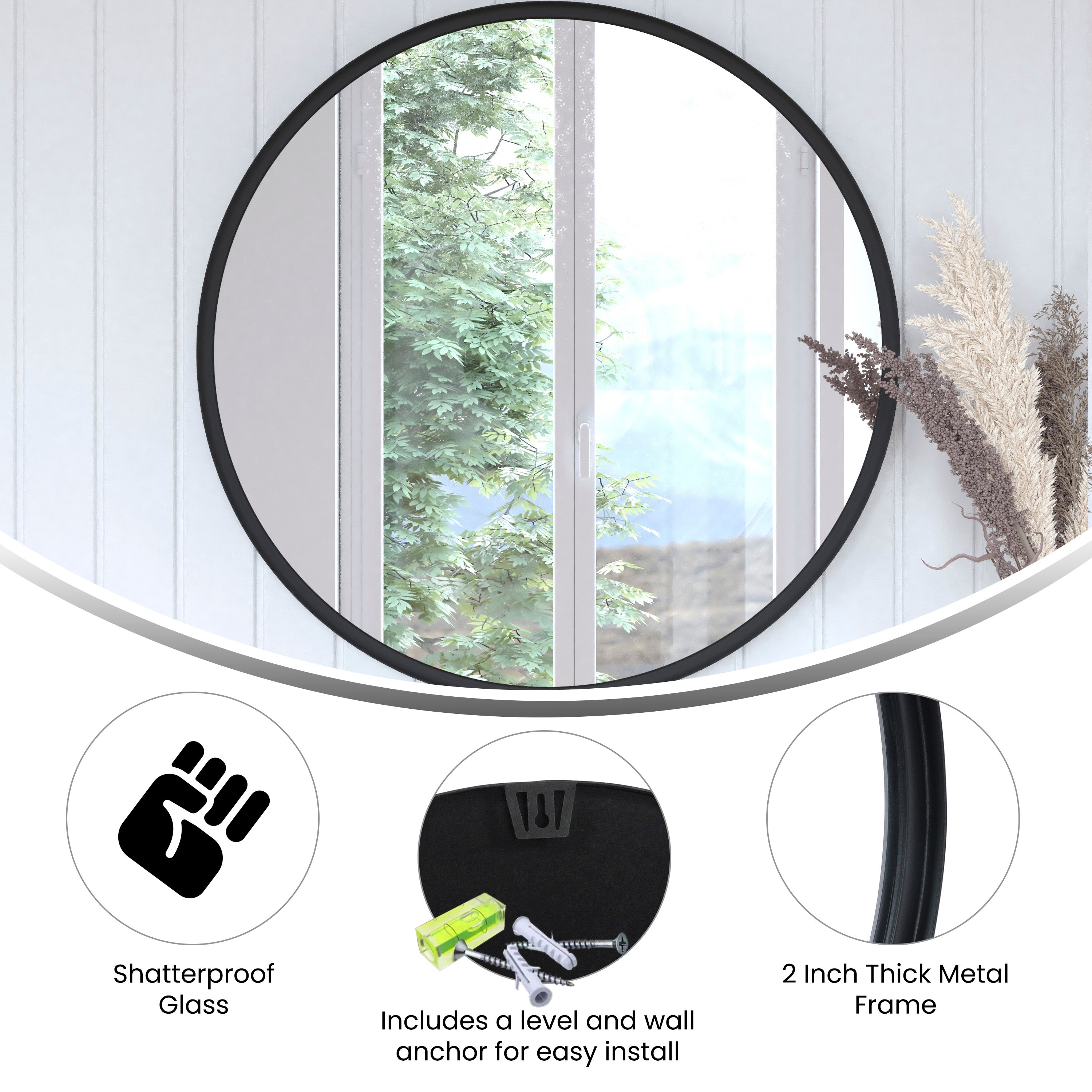 Jennifer 30" Round Black Metal Deep Framed Wall Mirror - Large Accent Mirror for Bathroom, Entryway, Dining Room, & Living Room