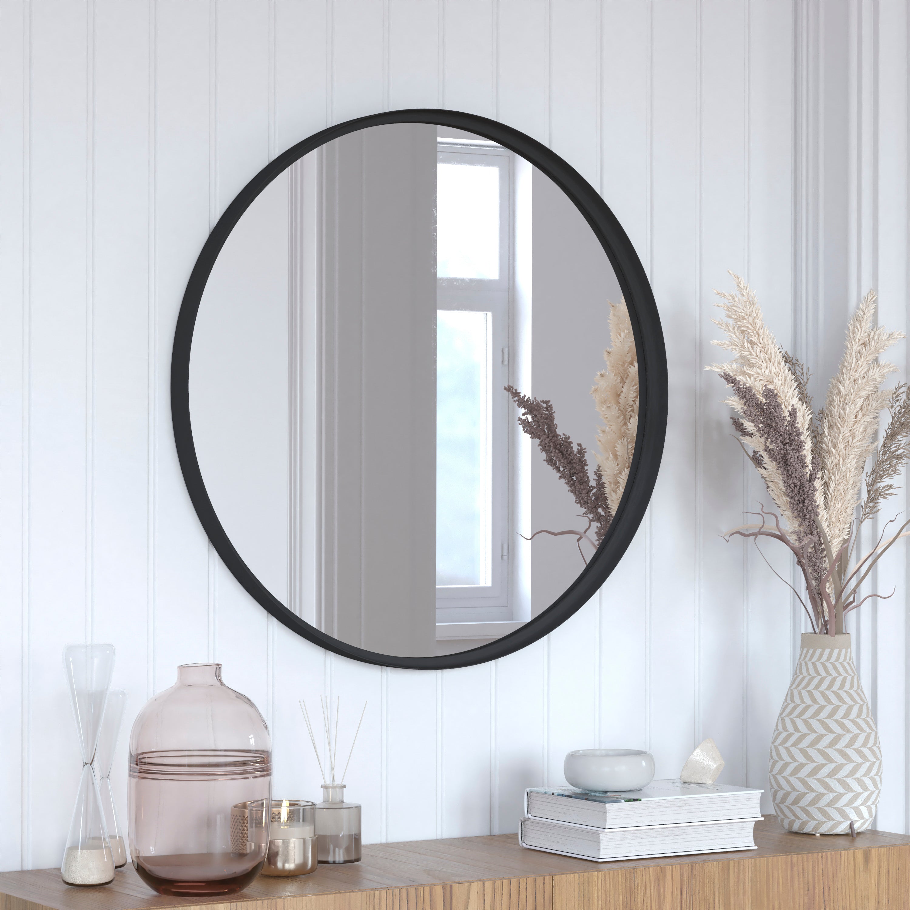 Jennifer 30" Round Black Metal Deep Framed Wall Mirror - Large Accent Mirror for Bathroom, Entryway, Dining Room, & Living Room