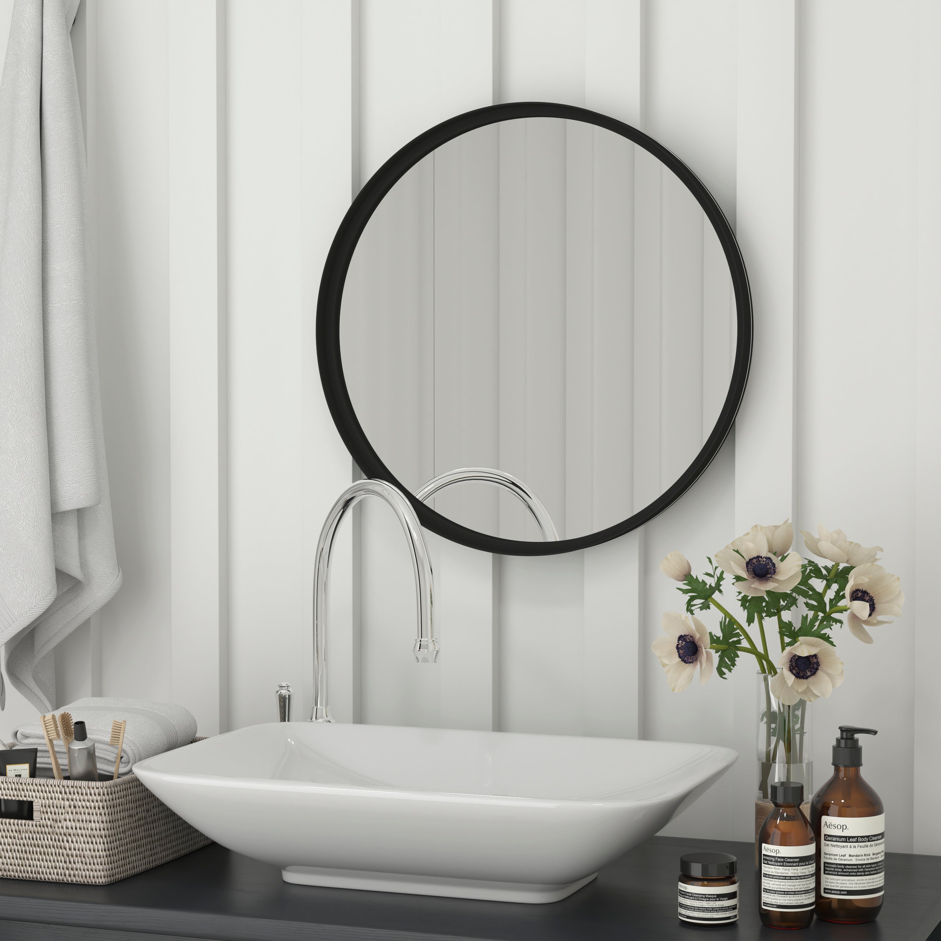 Jennifer 30" Round Black Metal Deep Framed Wall Mirror - Large Accent Mirror for Bathroom, Entryway, Dining Room, & Living Room