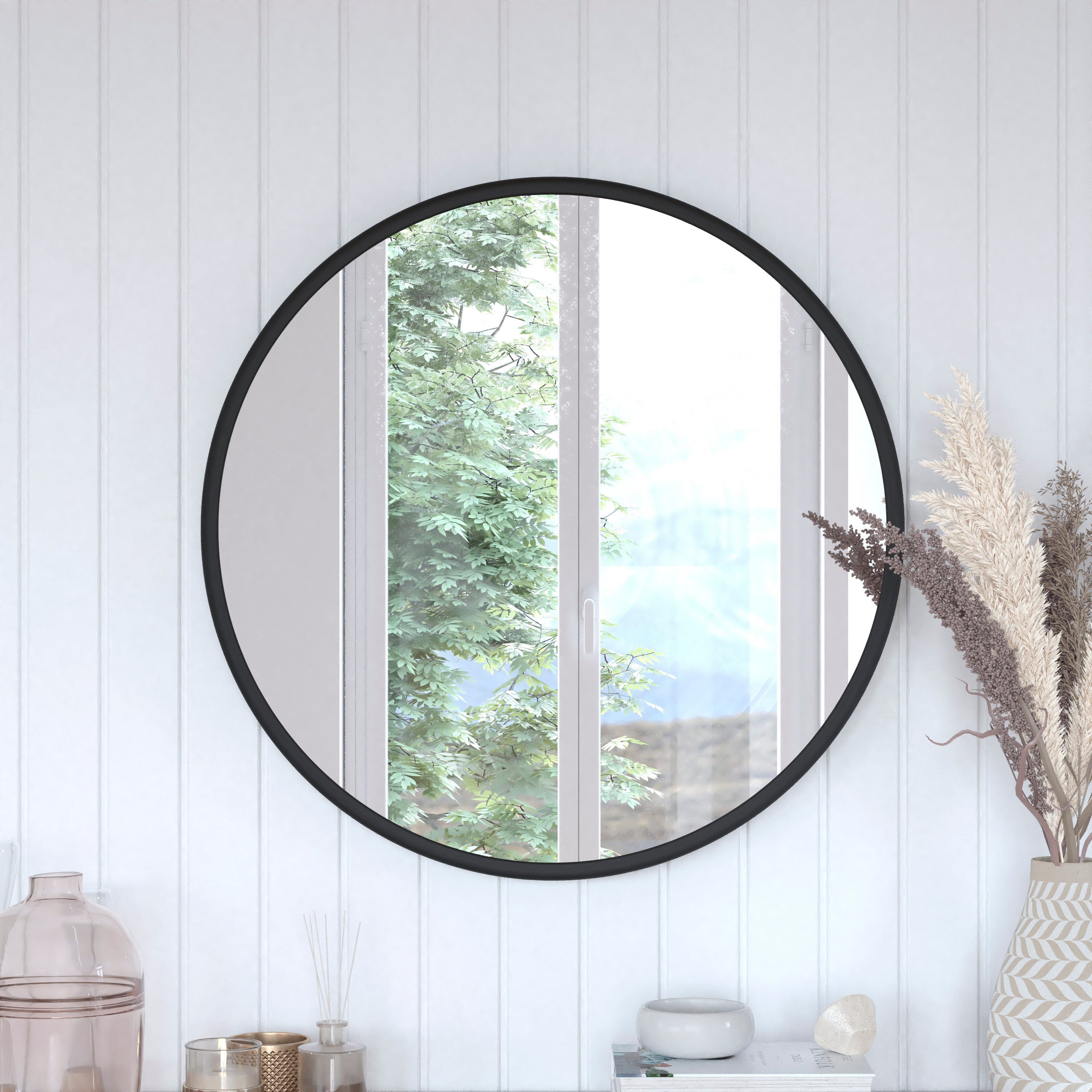 Jennifer 30" Round Black Metal Deep Framed Wall Mirror - Large Accent Mirror for Bathroom, Entryway, Dining Room, & Living Room