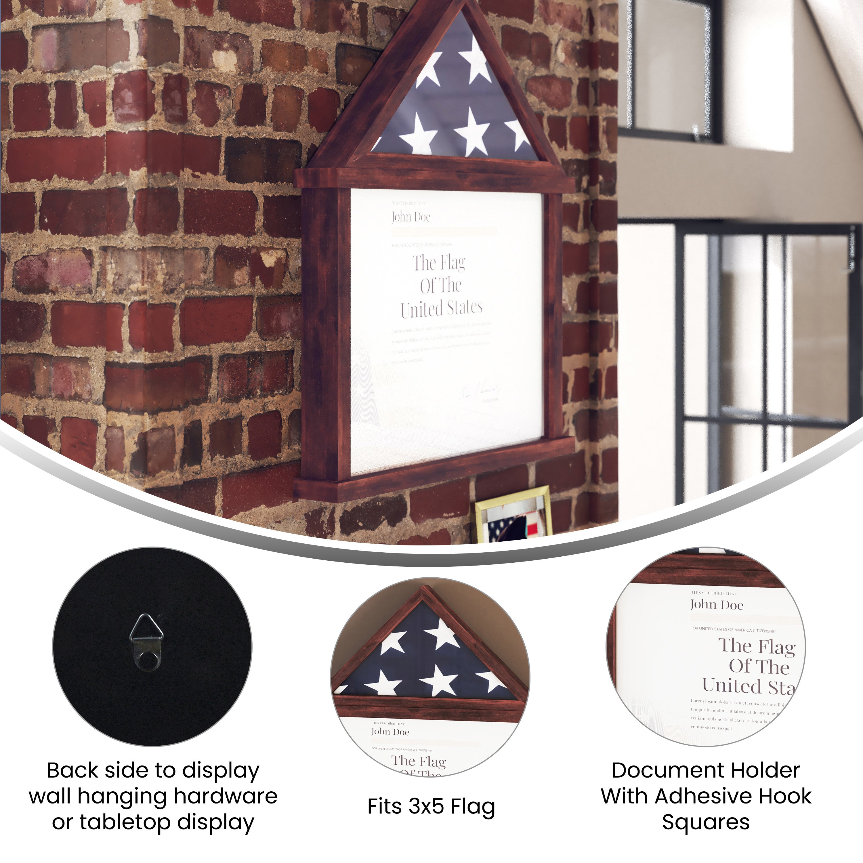 Quincy Flag and Certificate Display Case, Solid Pine Wood Flag Shadow Box Fits 3x5 Folded Flag, Mahogany Finish