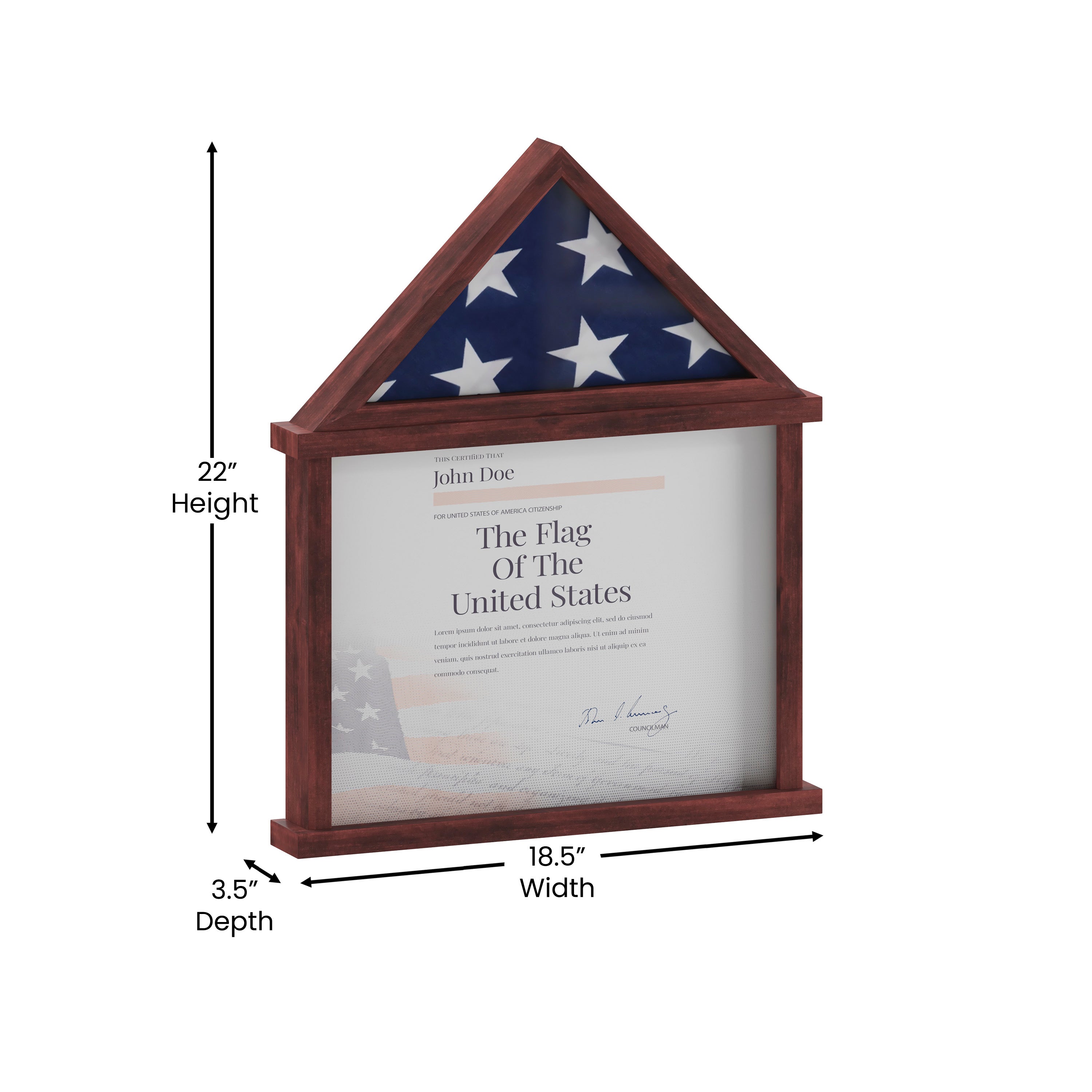 Quincy Flag and Certificate Display Case, Solid Pine Wood Flag Shadow Box Fits 3x5 Folded Flag, Mahogany Finish