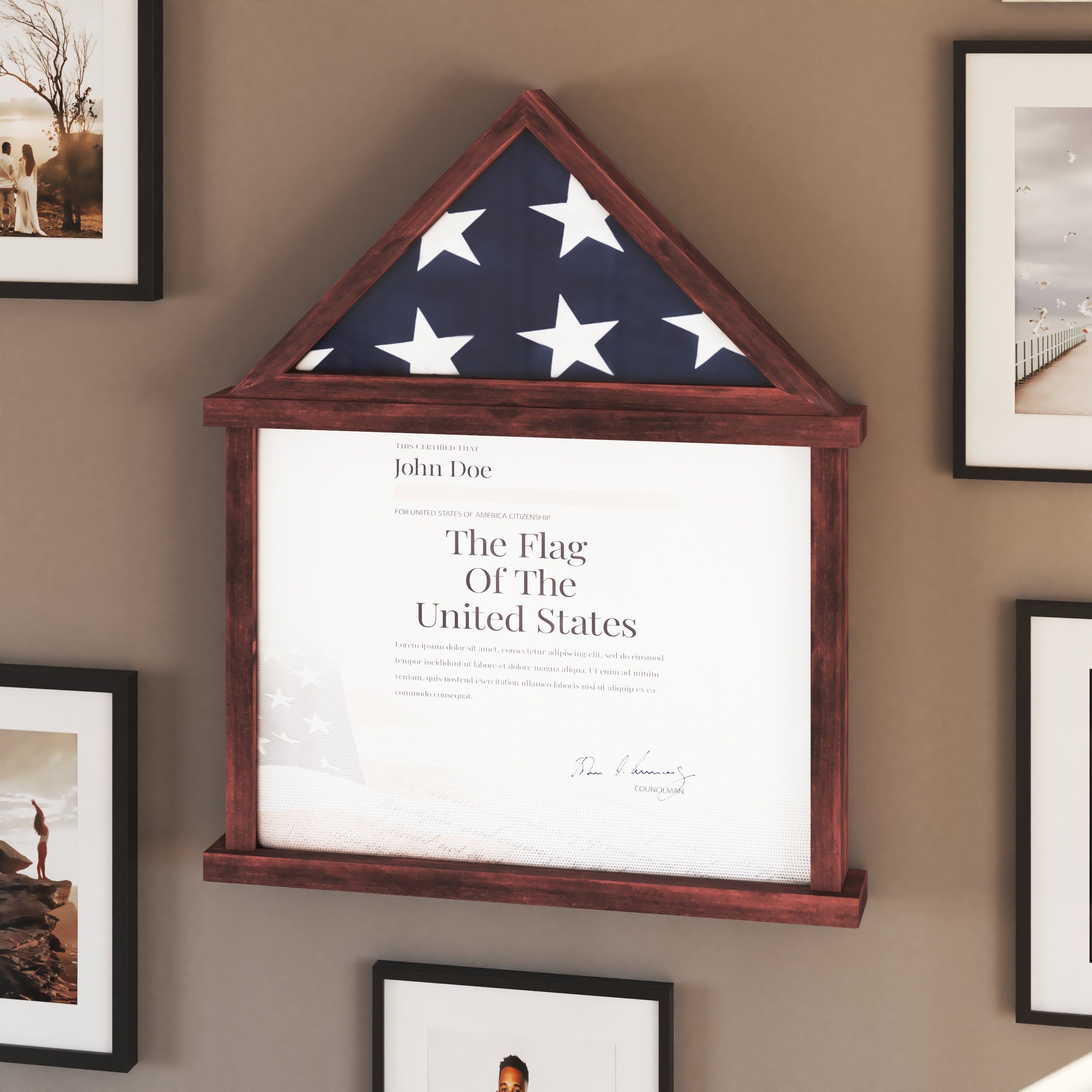 Quincy Flag and Certificate Display Case, Solid Pine Wood Flag Shadow Box Fits 3x5 Folded Flag, Mahogany Finish