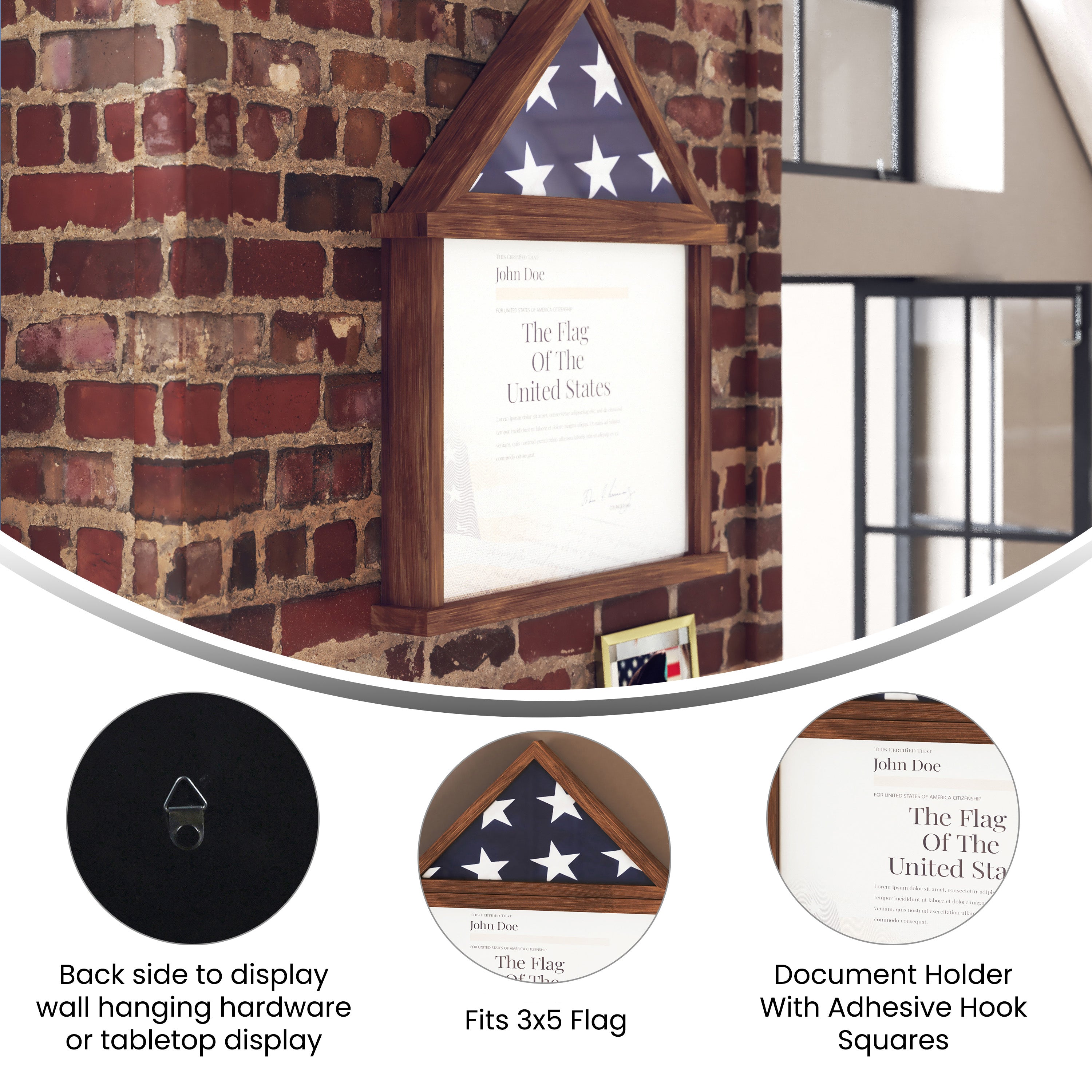 Quincy Flag and Certificate Display Case, Solid Pine Wood Flag Shadow Box Fits 3x5 Folded Flag, Dark Brown Finish