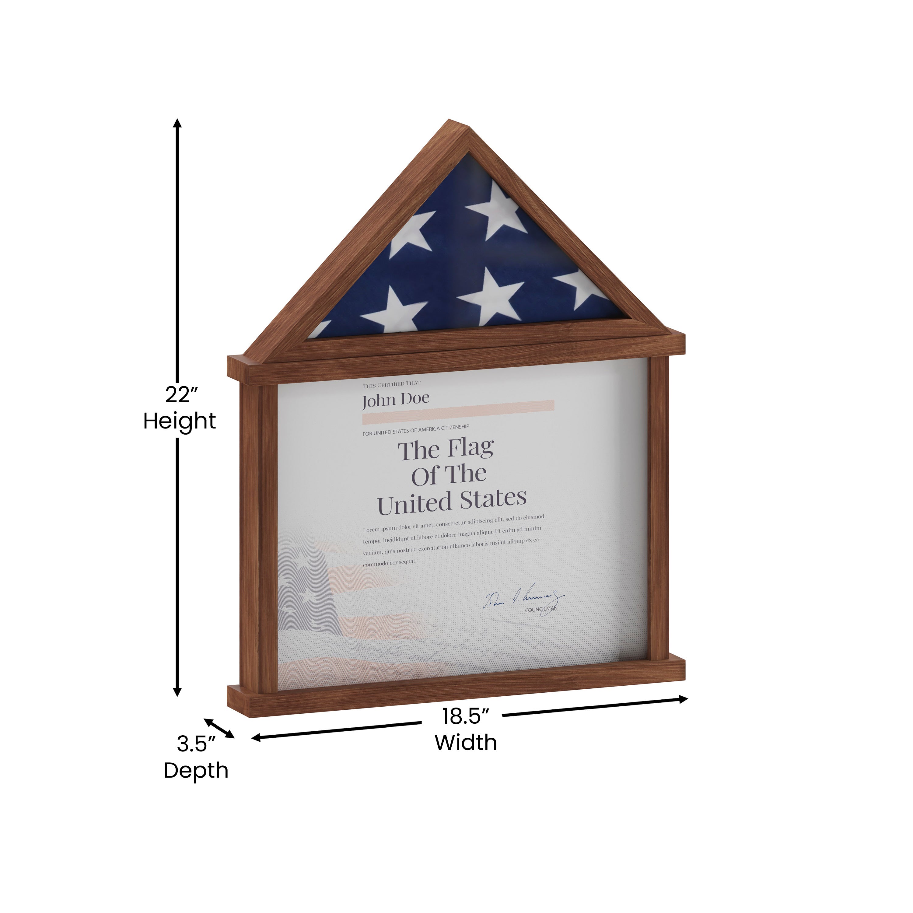 Quincy Flag and Certificate Display Case, Solid Pine Wood Flag Shadow Box Fits 3x5 Folded Flag, Dark Brown Finish