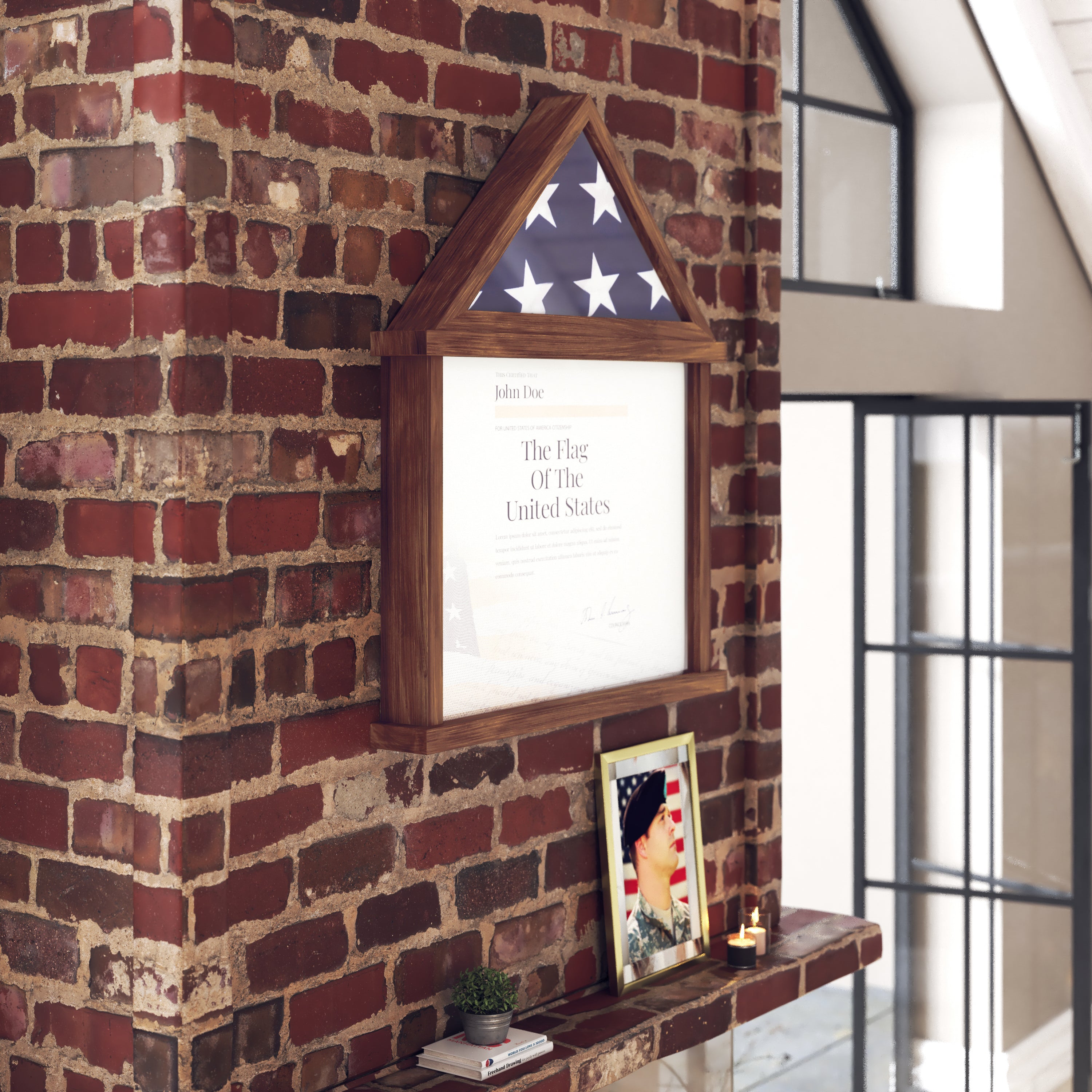 Quincy Flag and Certificate Display Case, Solid Pine Wood Flag Shadow Box Fits 3x5 Folded Flag, Dark Brown Finish