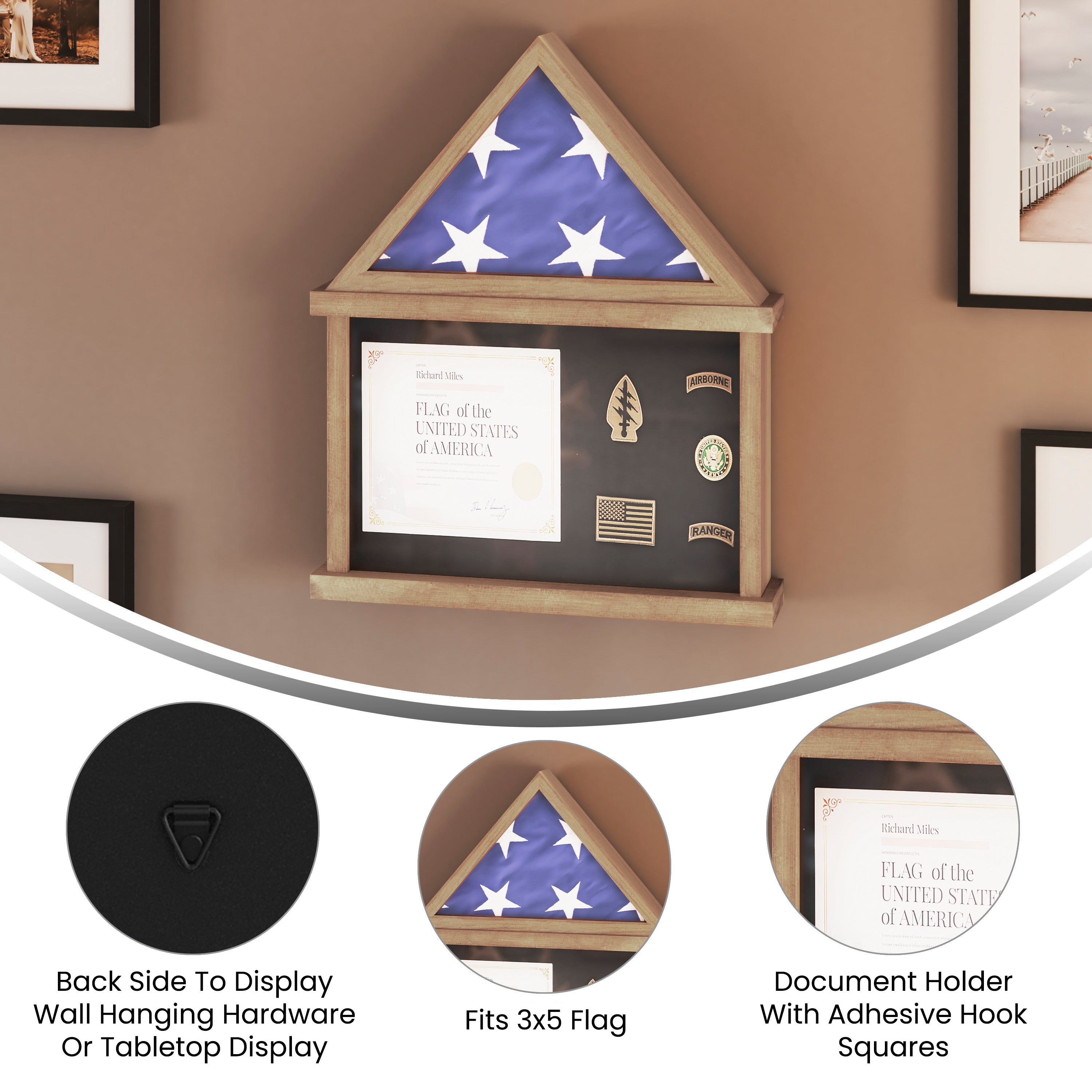 Quincy Flag and Certificate Display Case, Solid Pine Wood Flag Shadow Box Fits 3x5 Folded Flag, Weathered Wood Finish