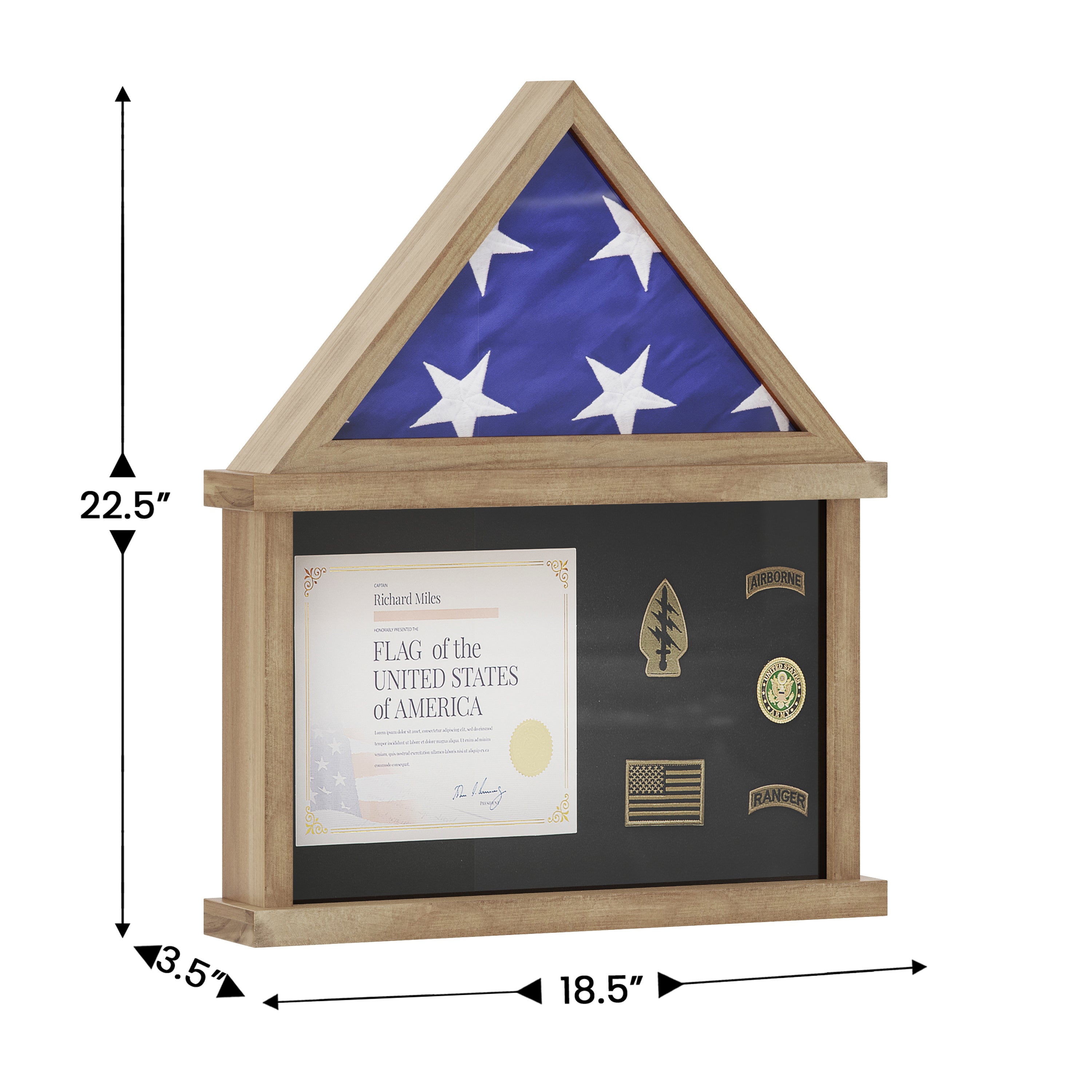 Quincy Flag and Certificate Display Case, Solid Pine Wood Flag Shadow Box Fits 3x5 Folded Flag, Weathered Wood Finish