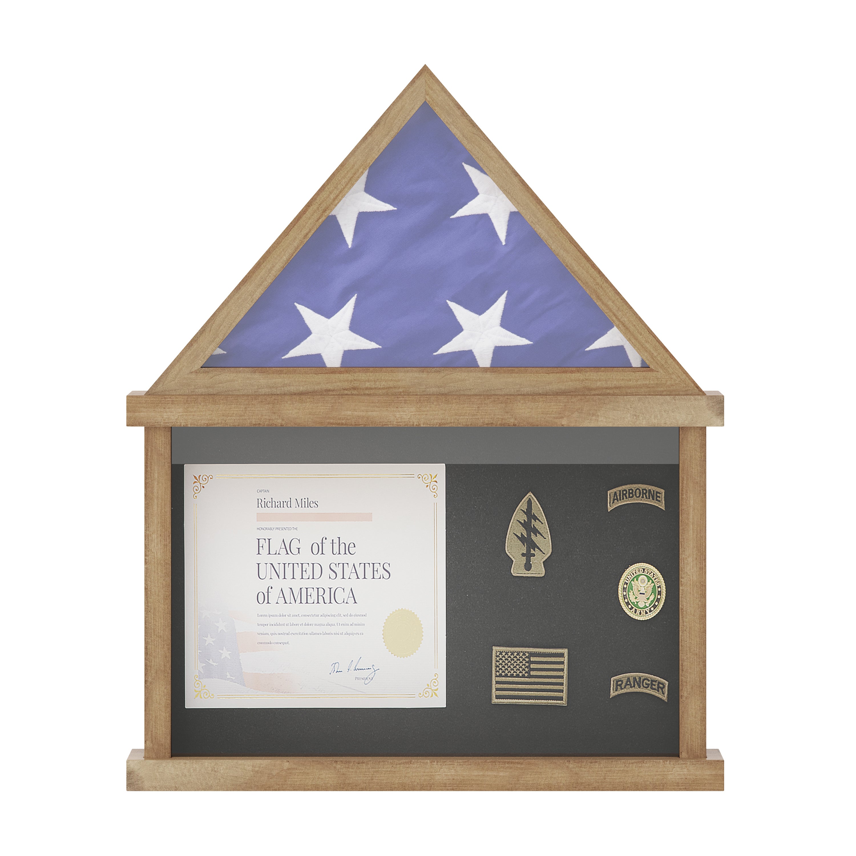 Quincy Flag and Certificate Display Case, Solid Pine Wood Flag Shadow Box Fits 3x5 Folded Flag, Weathered Wood Finish