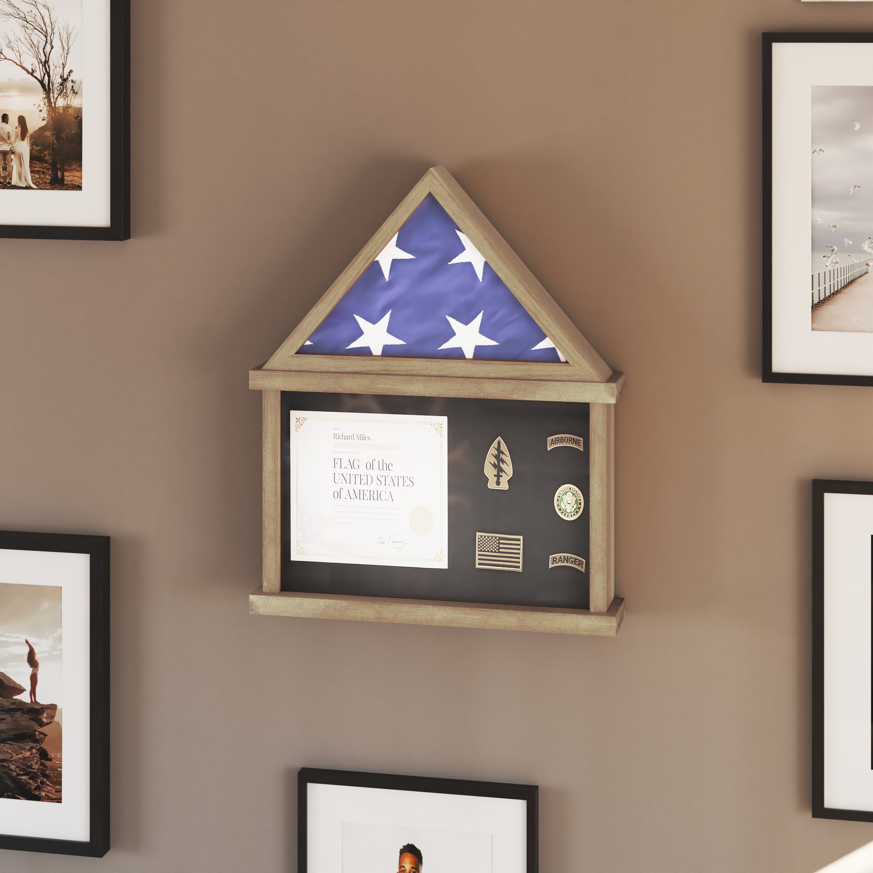 Quincy Flag and Certificate Display Case, Solid Pine Wood Flag Shadow Box Fits 3x5 Folded Flag, Weathered Wood Finish