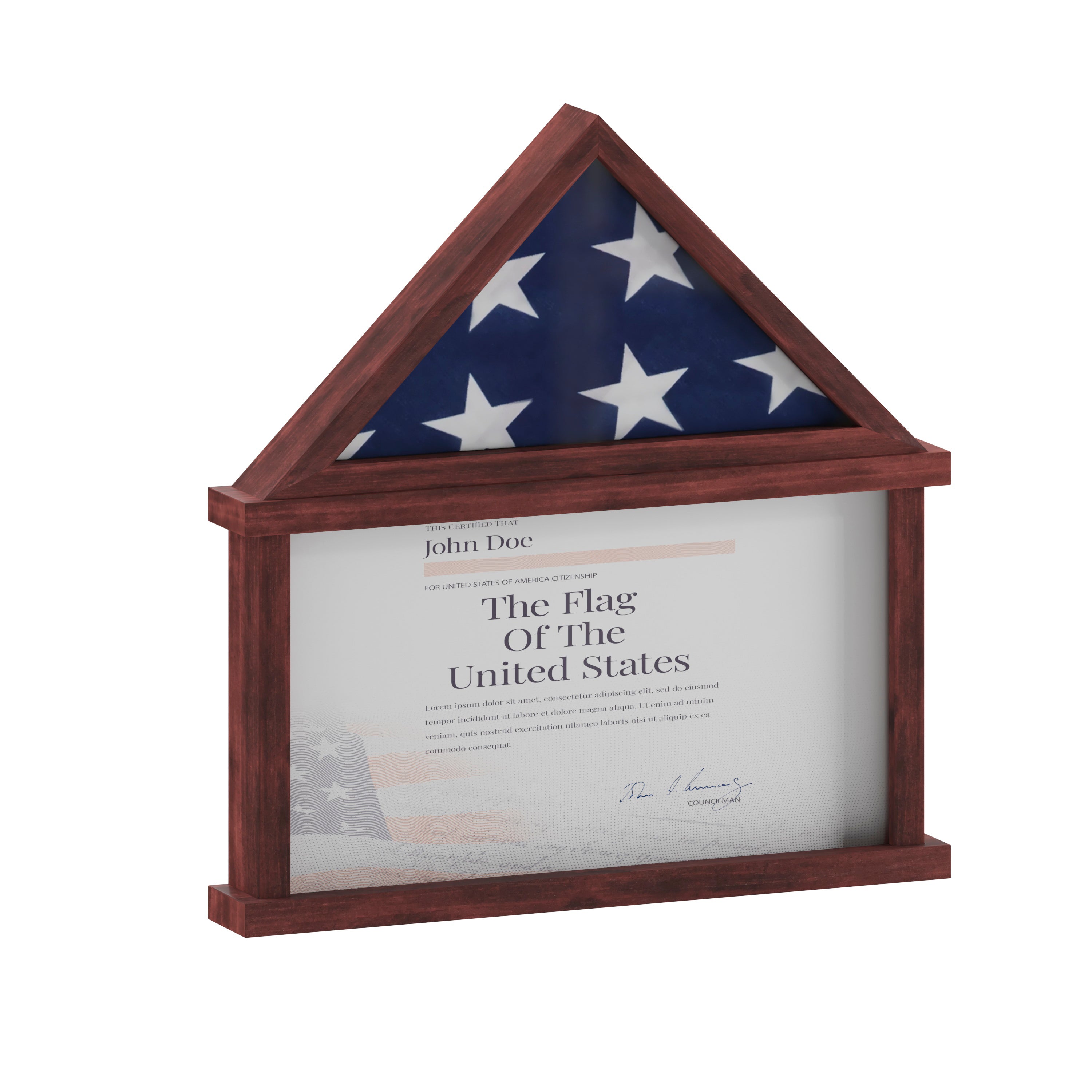 Quincy Flag and Certificate Display Case, Solid Pine Wood Flag Shadow Box Fits 9x5 Folded Burial Flag, Mahogany Finish