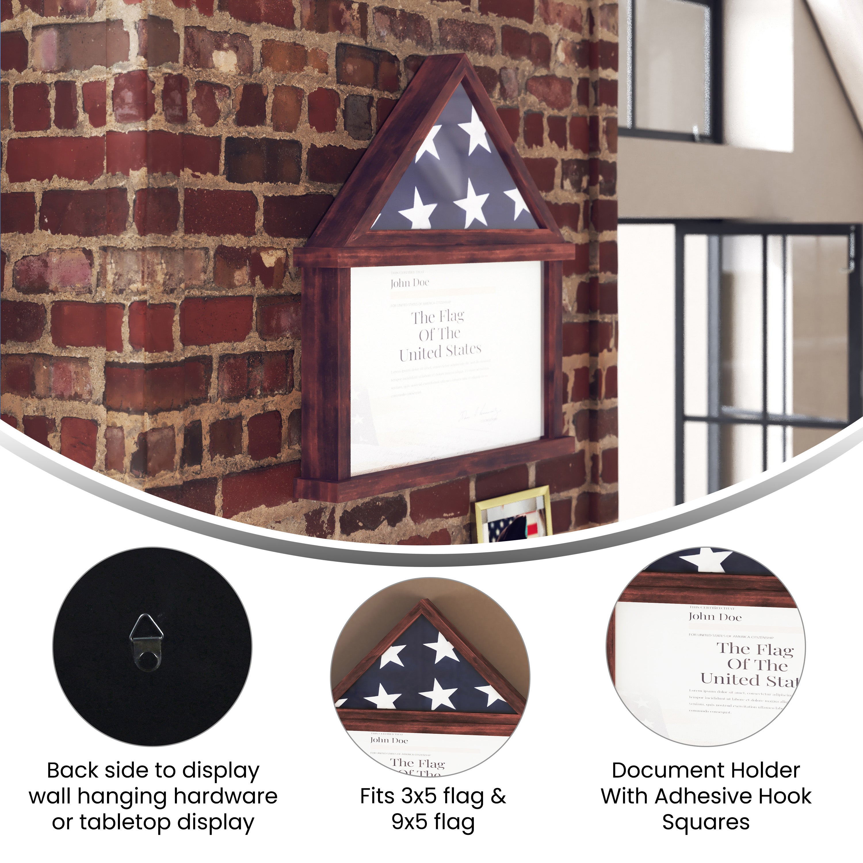 Quincy Flag and Certificate Display Case, Solid Pine Wood Flag Shadow Box Fits 9x5 Folded Burial Flag, Mahogany Finish