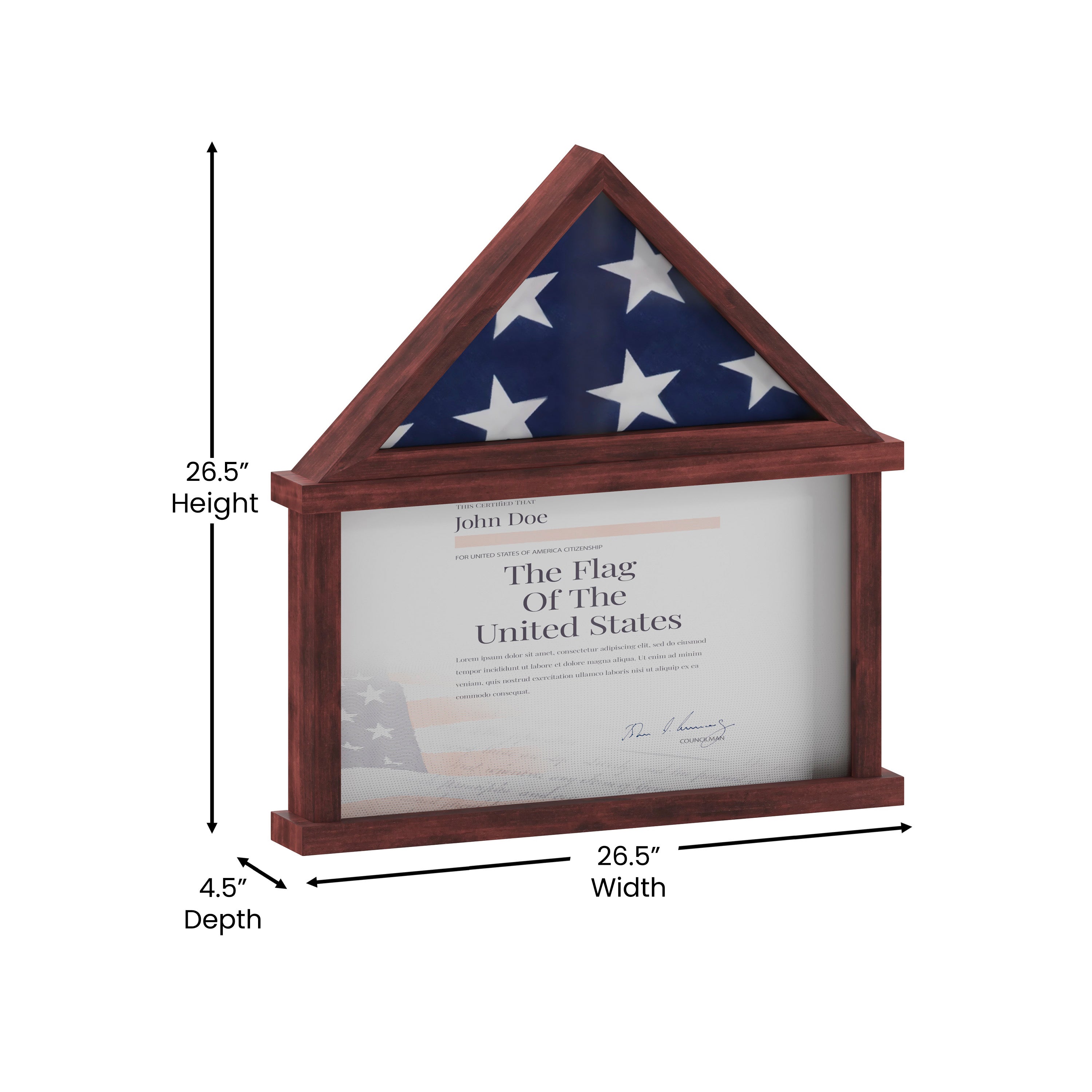Quincy Flag and Certificate Display Case, Solid Pine Wood Flag Shadow Box Fits 9x5 Folded Burial Flag, Mahogany Finish