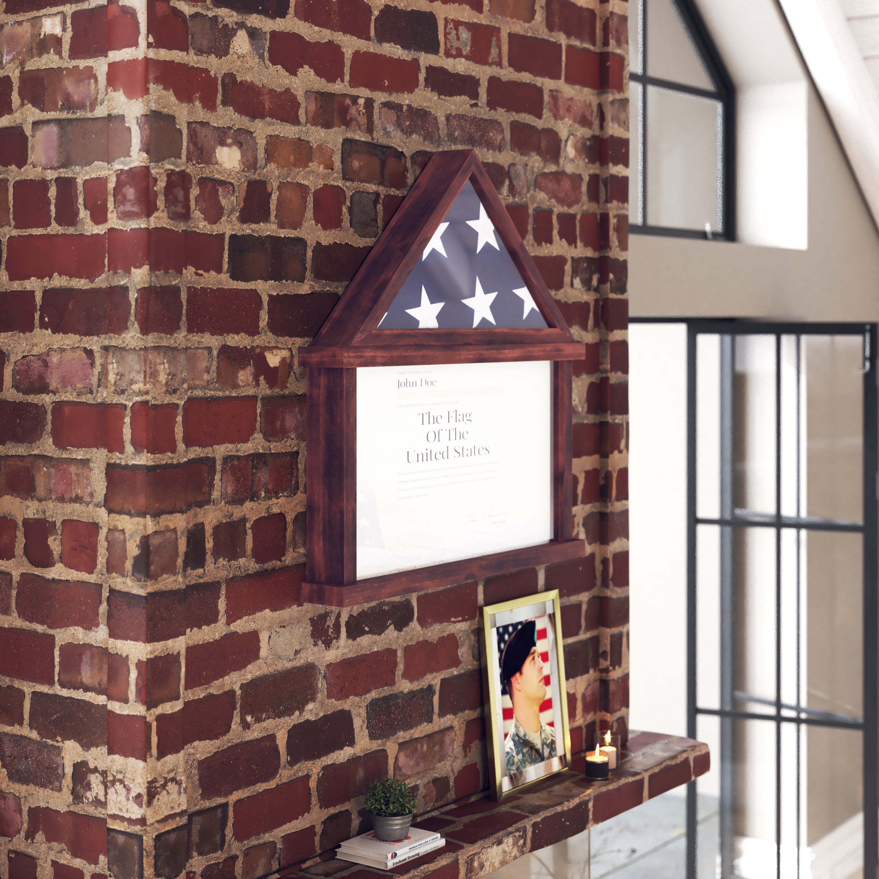 Quincy Flag and Certificate Display Case, Solid Pine Wood Flag Shadow Box Fits 9x5 Folded Burial Flag, Mahogany Finish