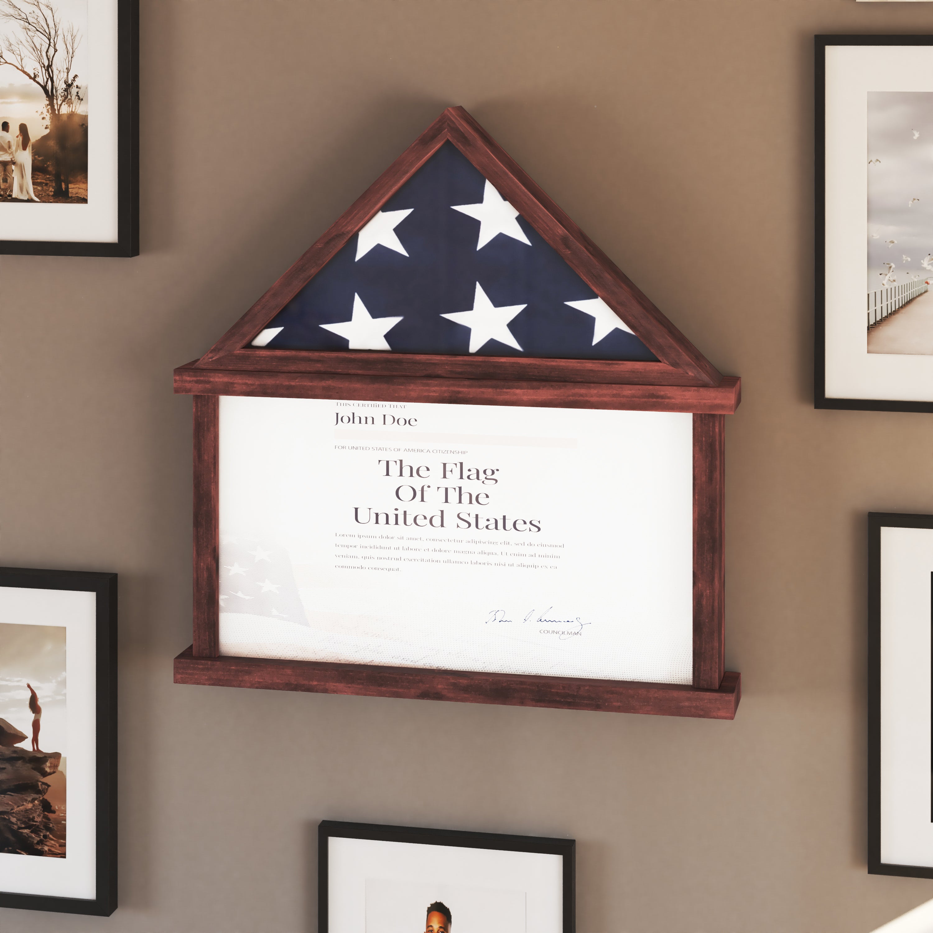 Quincy Flag and Certificate Display Case, Solid Pine Wood Flag Shadow Box Fits 9x5 Folded Burial Flag, Mahogany Finish