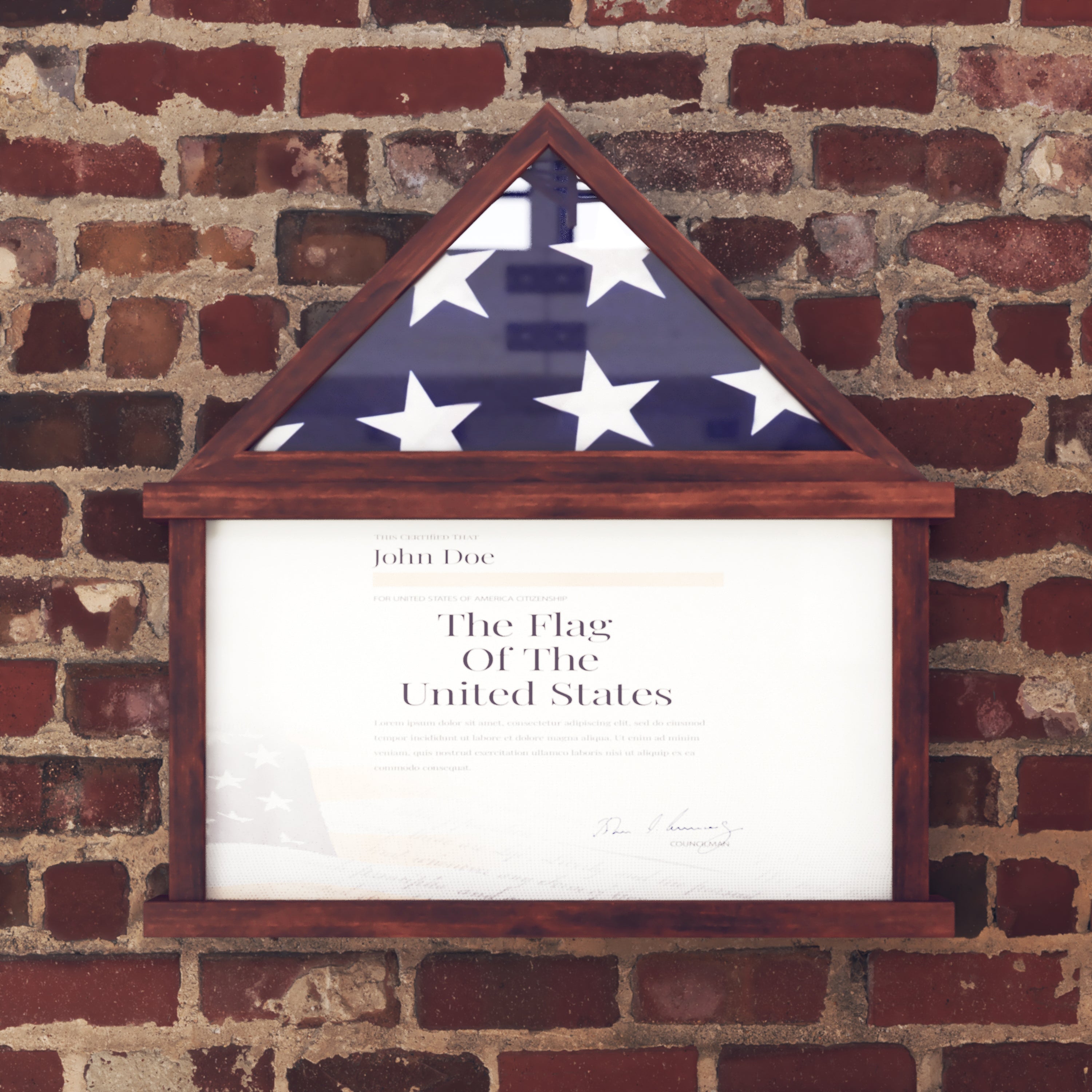 Quincy Flag and Certificate Display Case, Solid Pine Wood Flag Shadow Box Fits 9x5 Folded Burial Flag, Mahogany Finish