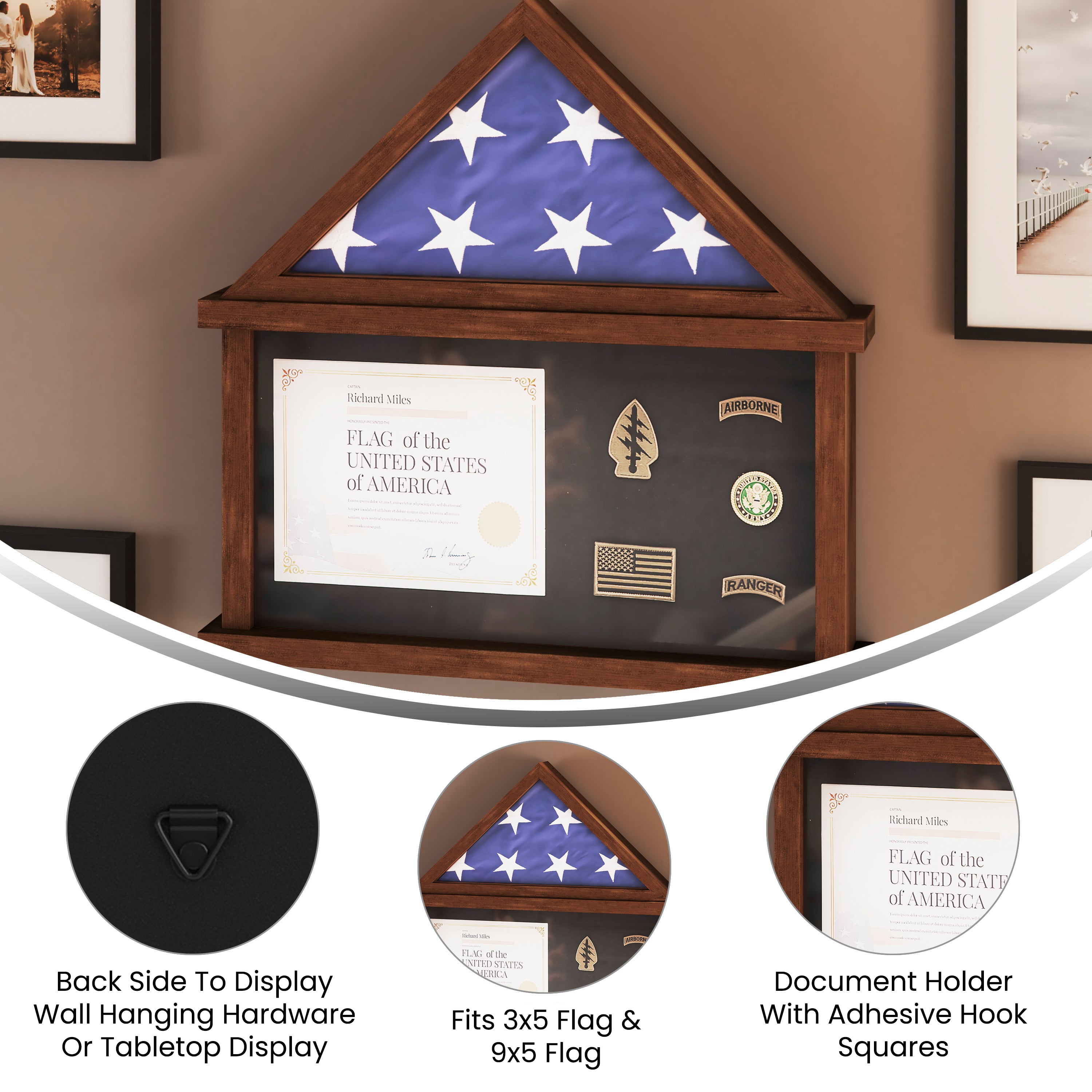 Quincy Flag and Certificate Display Case, Solid Pine Wood Flag Shadow Box Fits 9x5 Folded Burial Flag, Dark Brown Finish