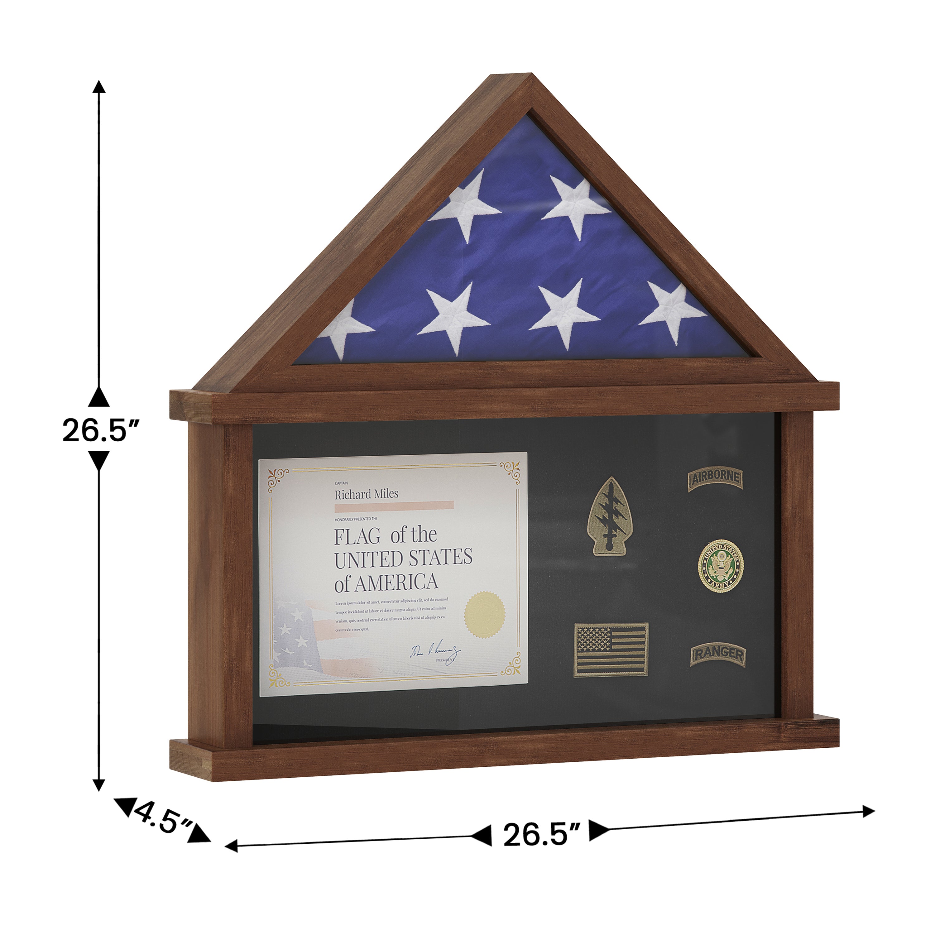 Quincy Flag and Certificate Display Case, Solid Pine Wood Flag Shadow Box Fits 9x5 Folded Burial Flag, Dark Brown Finish