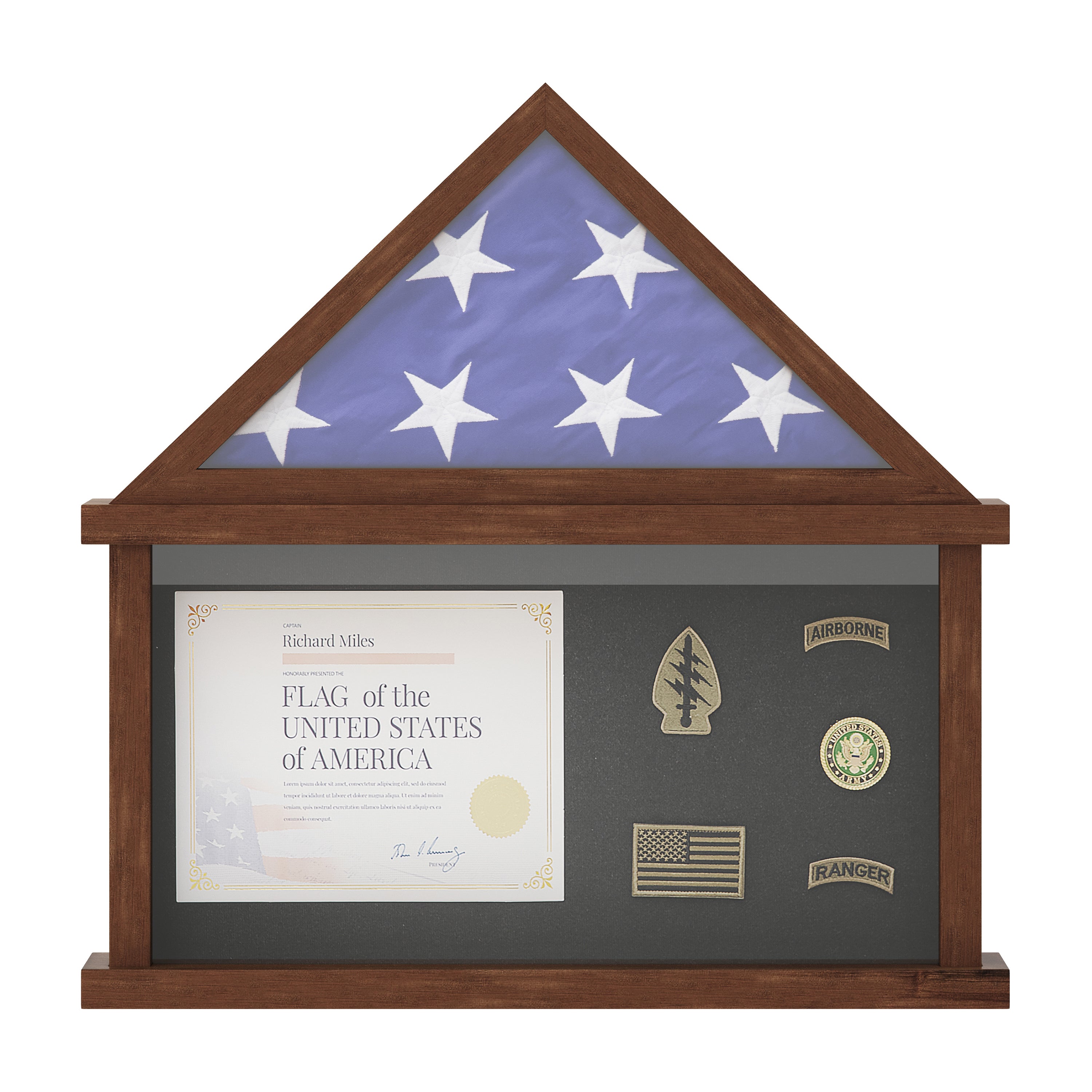 Quincy Flag and Certificate Display Case, Solid Pine Wood Flag Shadow Box Fits 9x5 Folded Burial Flag, Dark Brown Finish