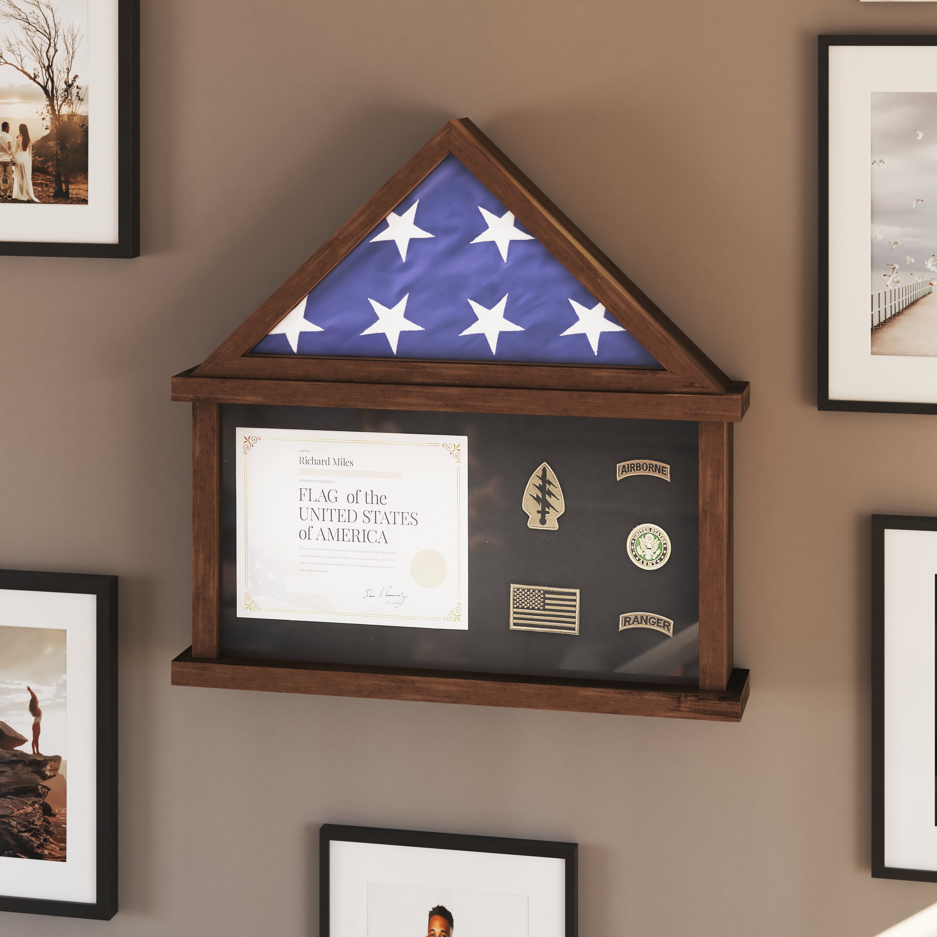Quincy Flag and Certificate Display Case, Solid Pine Wood Flag Shadow Box Fits 9x5 Folded Burial Flag, Dark Brown Finish