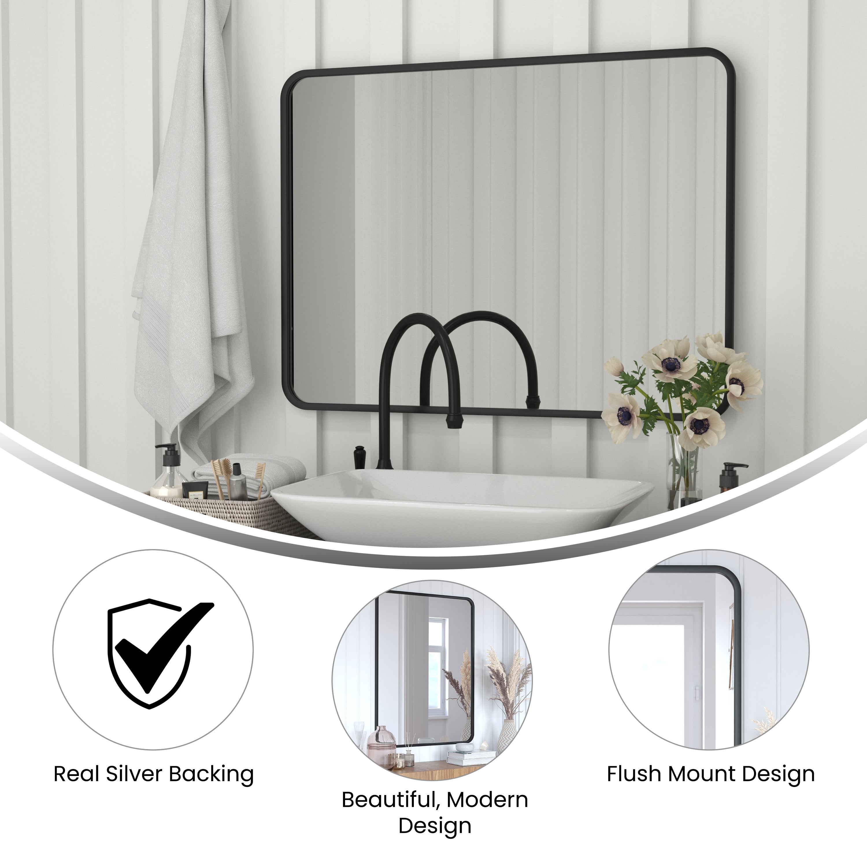 Jada 40" x 30" Decorative Wall Mirror - Rounded Corners, Bathroom & Living Room Glass Mirror Hangs Horizontal Or Vertical, Matte Black
