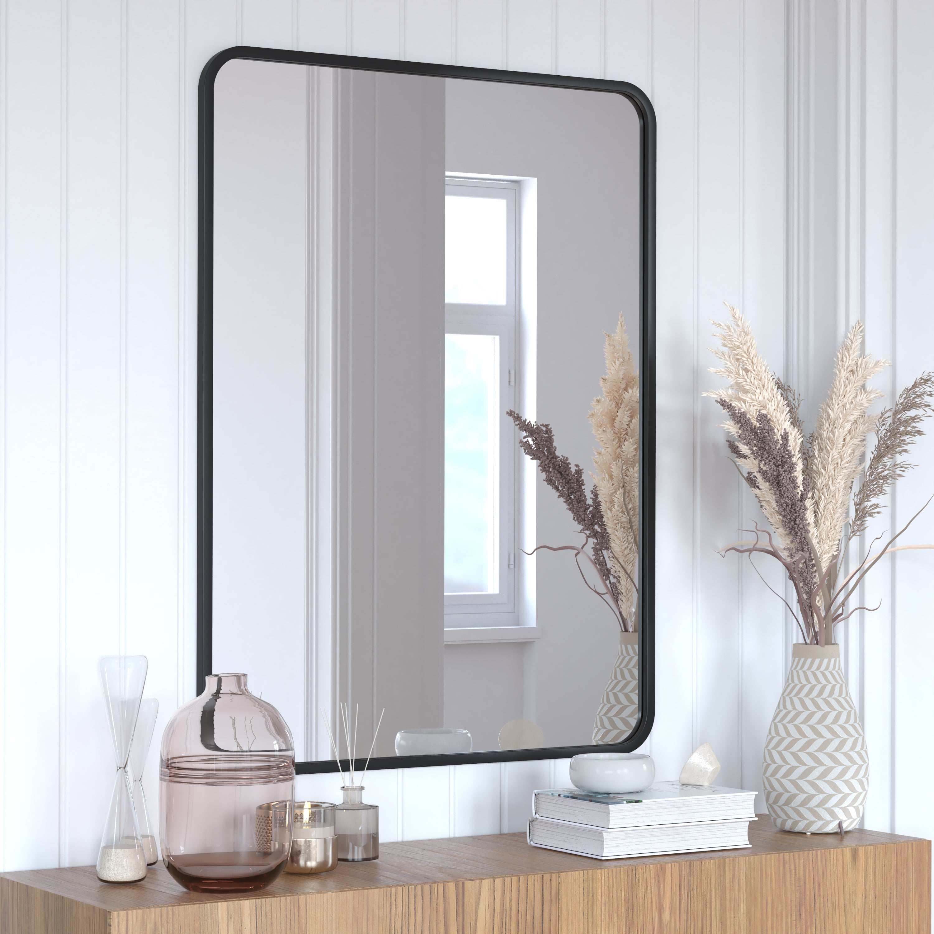Jada 40" x 30" Decorative Wall Mirror - Rounded Corners, Bathroom & Living Room Glass Mirror Hangs Horizontal Or Vertical, Matte Black