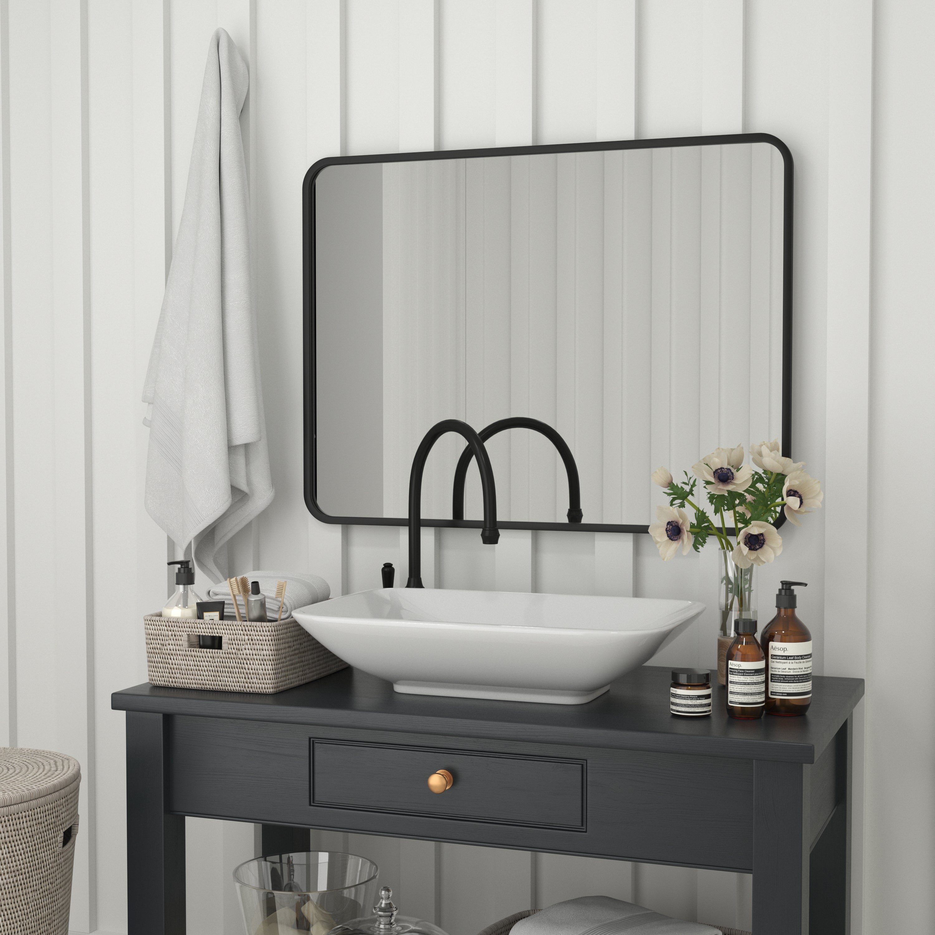 Jada 40" x 30" Decorative Wall Mirror - Rounded Corners, Bathroom & Living Room Glass Mirror Hangs Horizontal Or Vertical, Matte Black