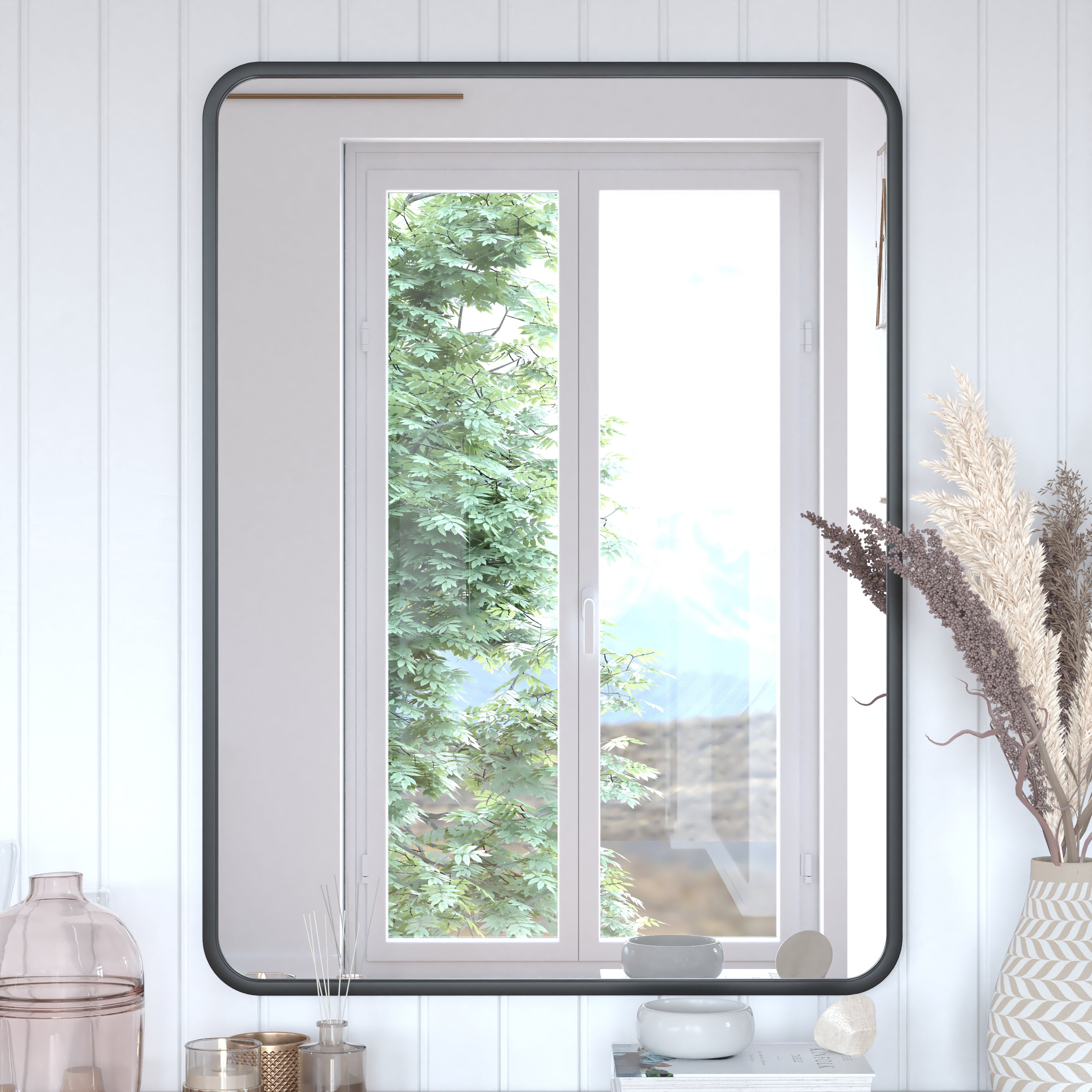 Jada 40" x 30" Decorative Wall Mirror - Rounded Corners, Bathroom & Living Room Glass Mirror Hangs Horizontal Or Vertical, Matte Black
