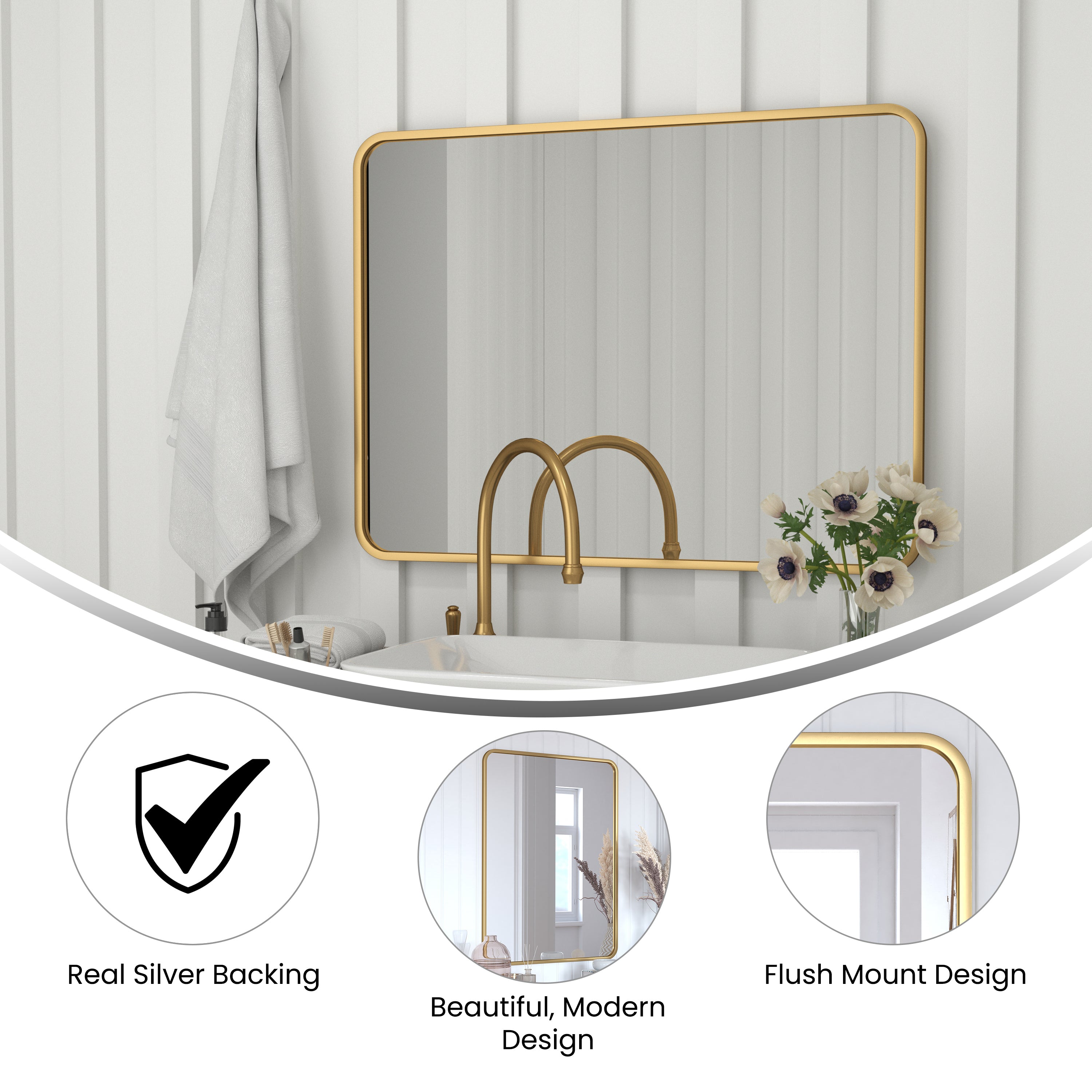 Jada 40" x 30" Decorative Wall Mirror - Rounded Corners, Bathroom & Living Room Glass Mirror Hangs Horizontal Or Vertical, Matte Gold
