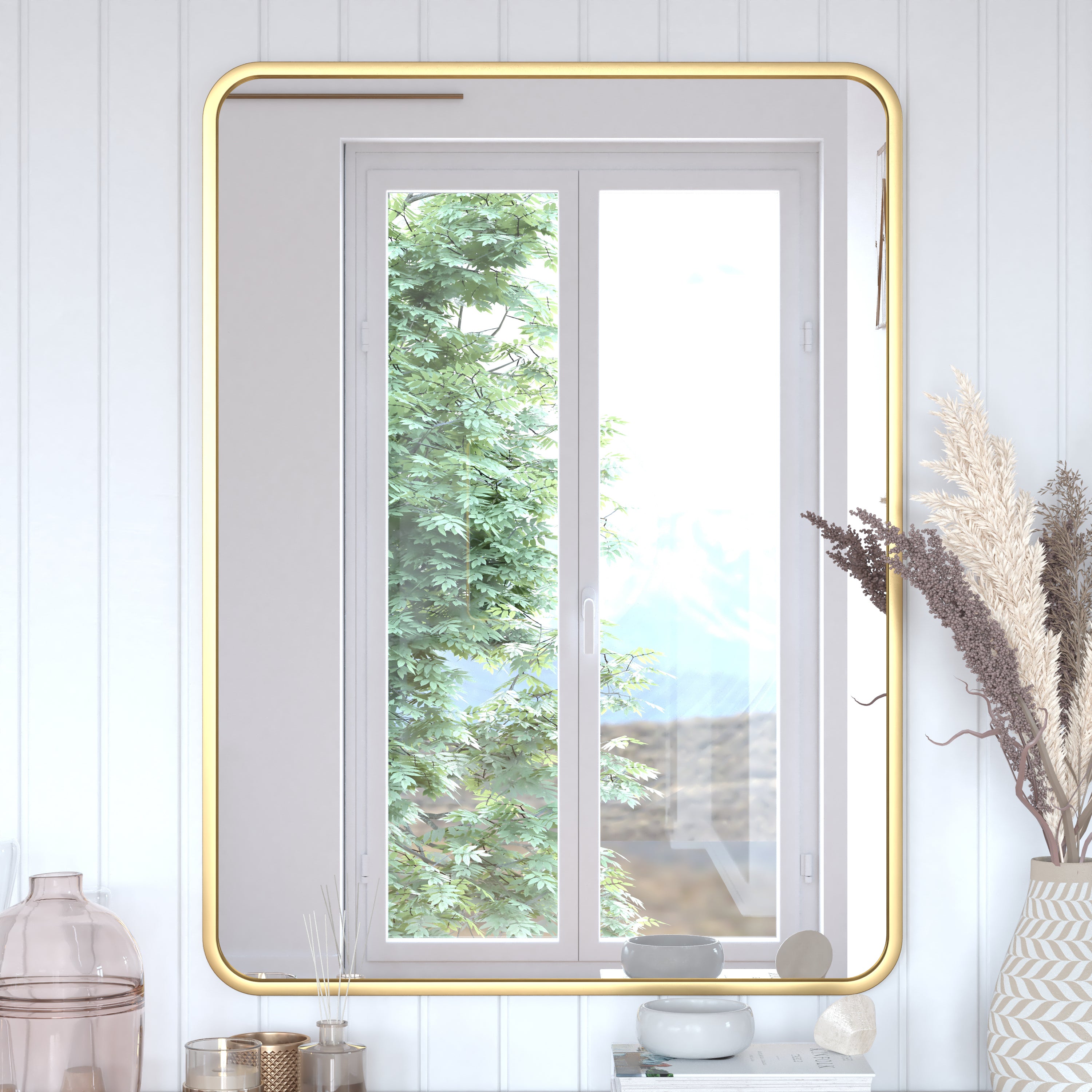 Jada 40" x 30" Decorative Wall Mirror - Rounded Corners, Bathroom & Living Room Glass Mirror Hangs Horizontal Or Vertical, Matte Gold