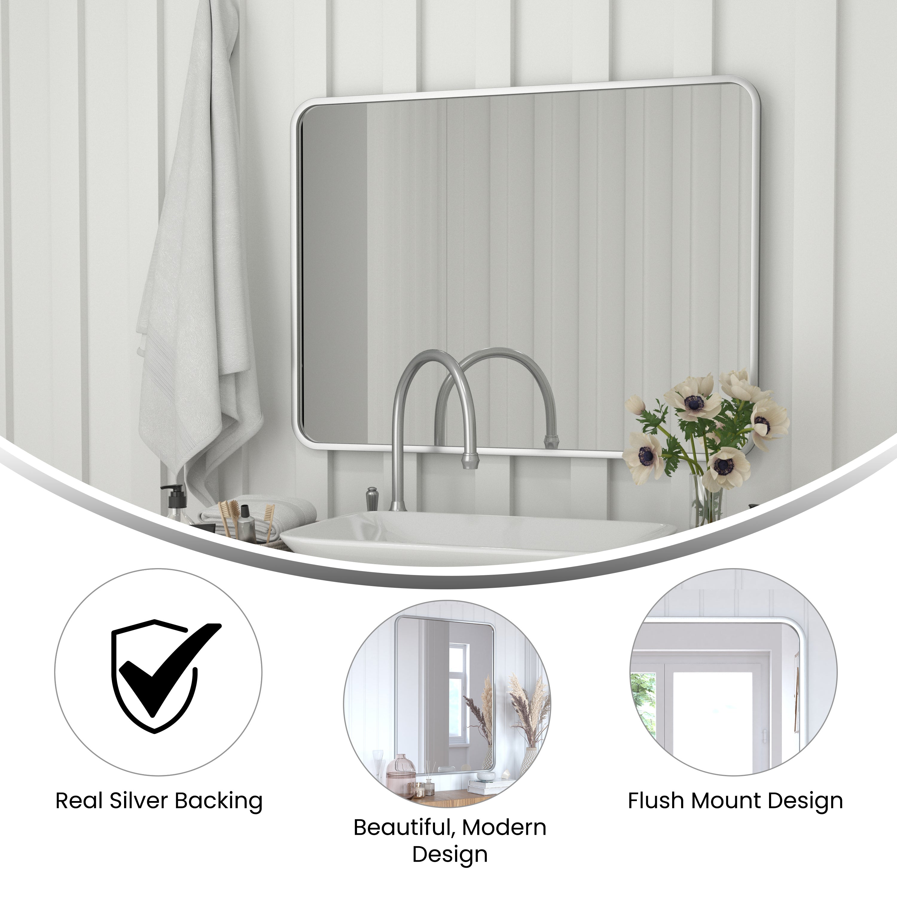 Jada 40" x 30" Decorative Wall Mirror - Rounded Corners, Bathroom & Living Room Glass Mirror Hangs Horizontal Or Vertical, Matte Silver