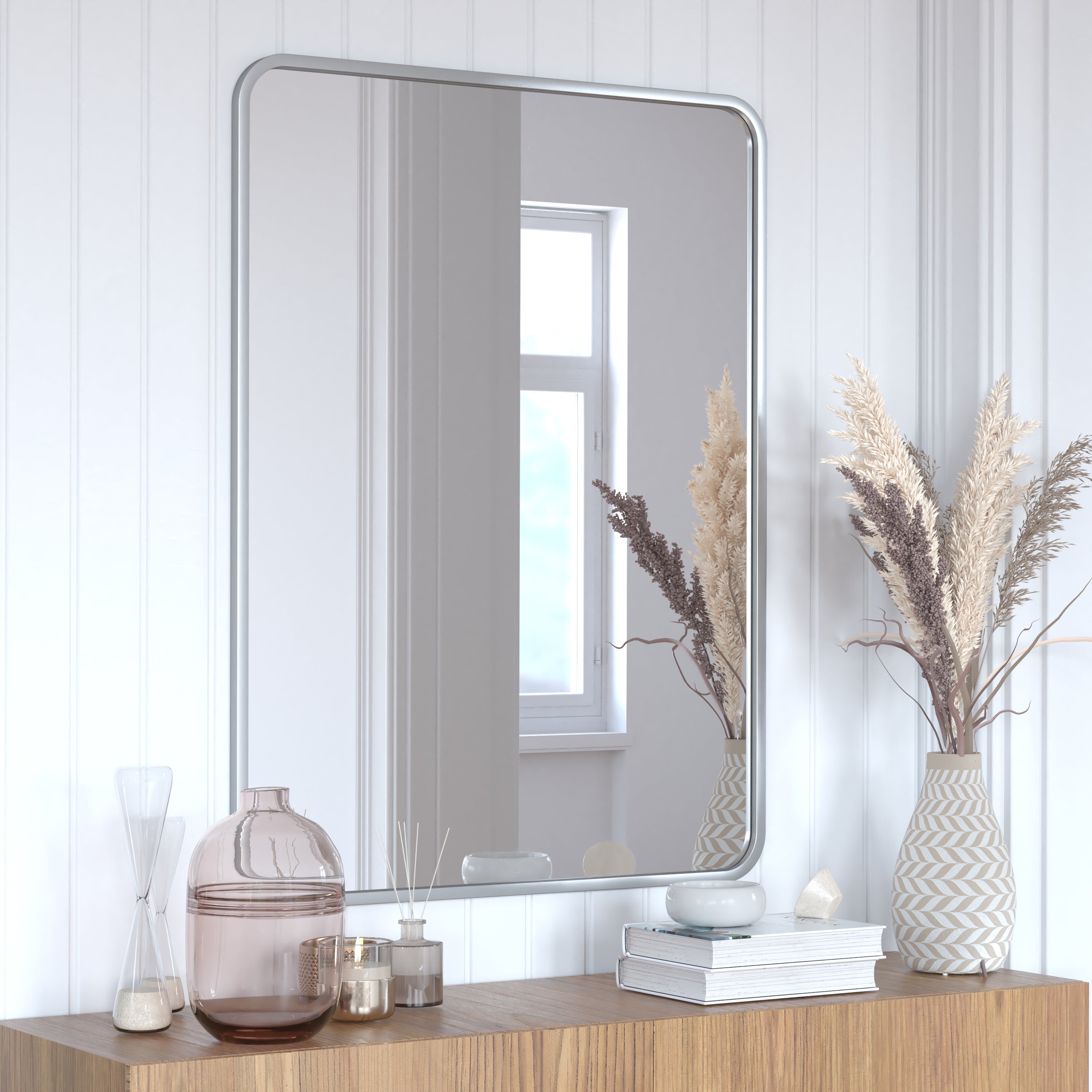 Jada 40" x 30" Decorative Wall Mirror - Rounded Corners, Bathroom & Living Room Glass Mirror Hangs Horizontal Or Vertical, Matte Silver