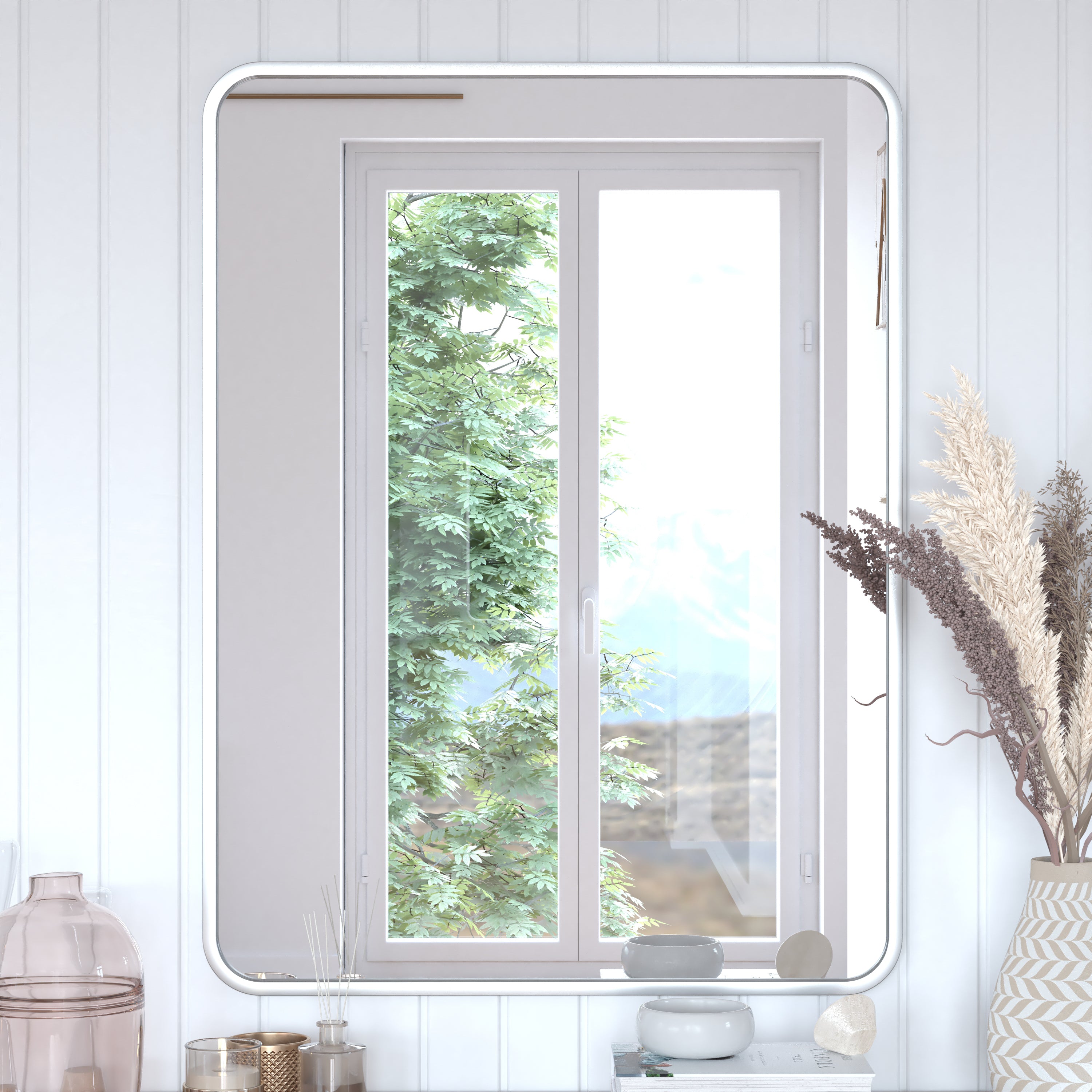 Jada 40" x 30" Decorative Wall Mirror - Rounded Corners, Bathroom & Living Room Glass Mirror Hangs Horizontal Or Vertical, Matte Silver