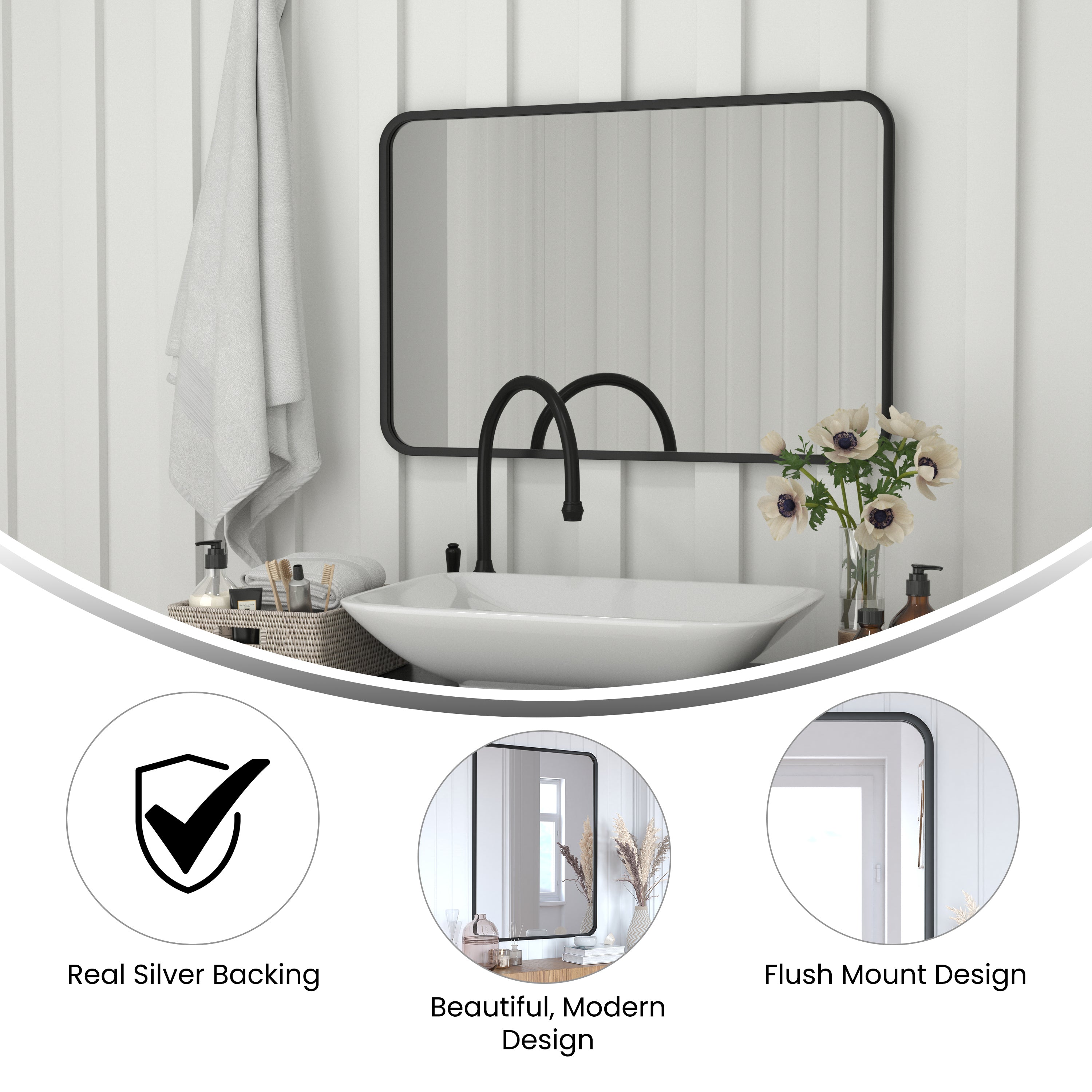 Jada 24" x 36" Decorative Wall Mirror - Rounded Corners, Bathroom & Living Room Glass Mirror Hangs Horizontal Or Vertical, Matte Black