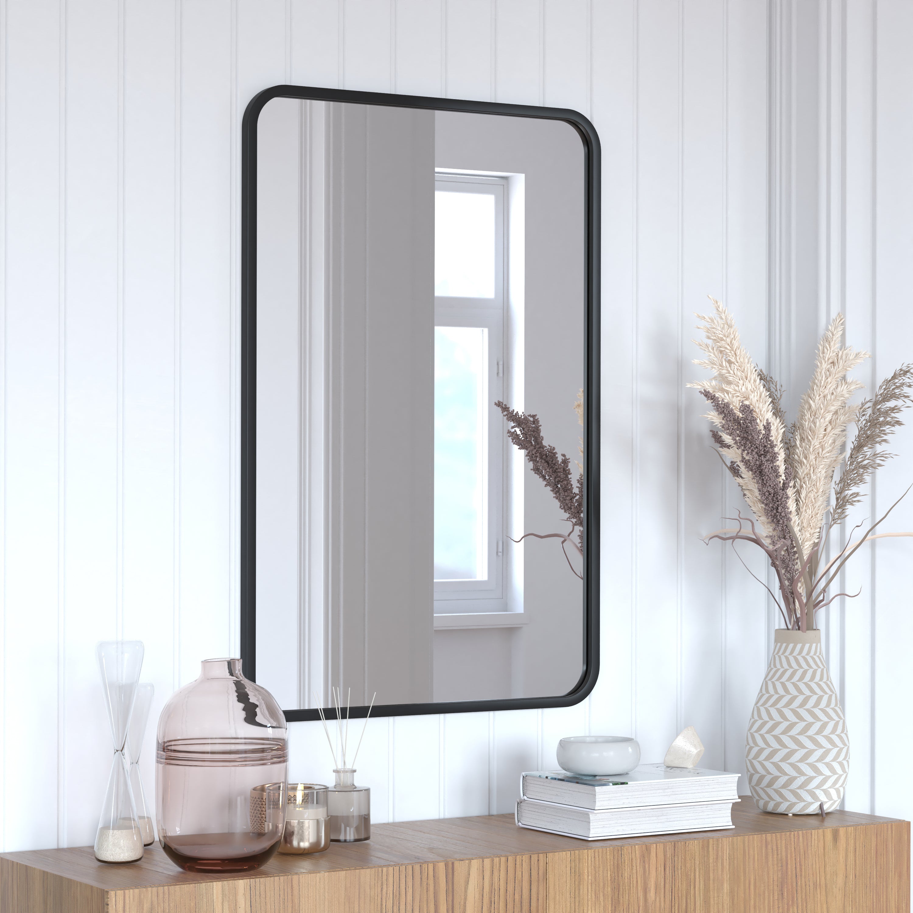 Jada 24" x 36" Decorative Wall Mirror - Rounded Corners, Bathroom & Living Room Glass Mirror Hangs Horizontal Or Vertical, Matte Black