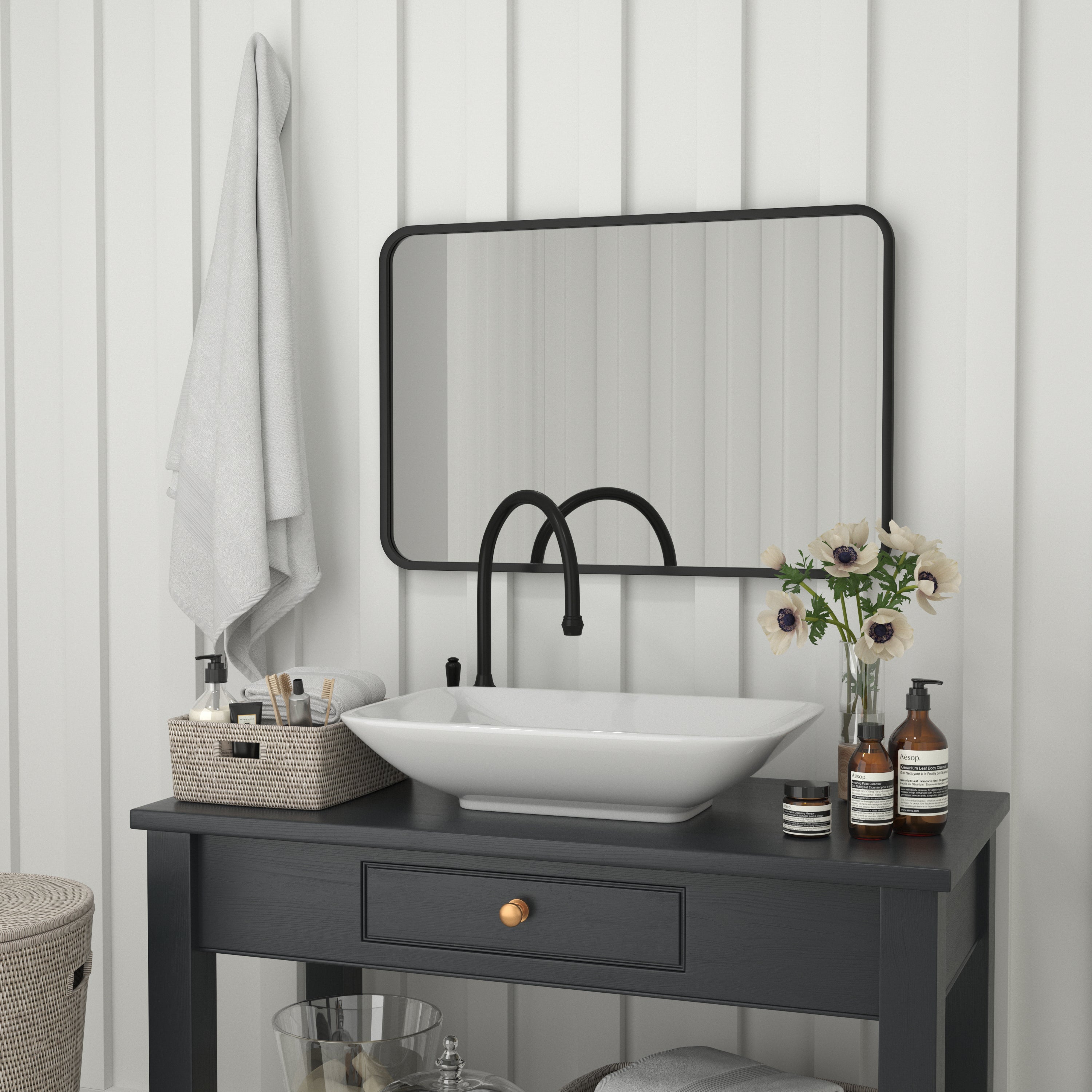 Jada 24" x 36" Decorative Wall Mirror - Rounded Corners, Bathroom & Living Room Glass Mirror Hangs Horizontal Or Vertical, Matte Black