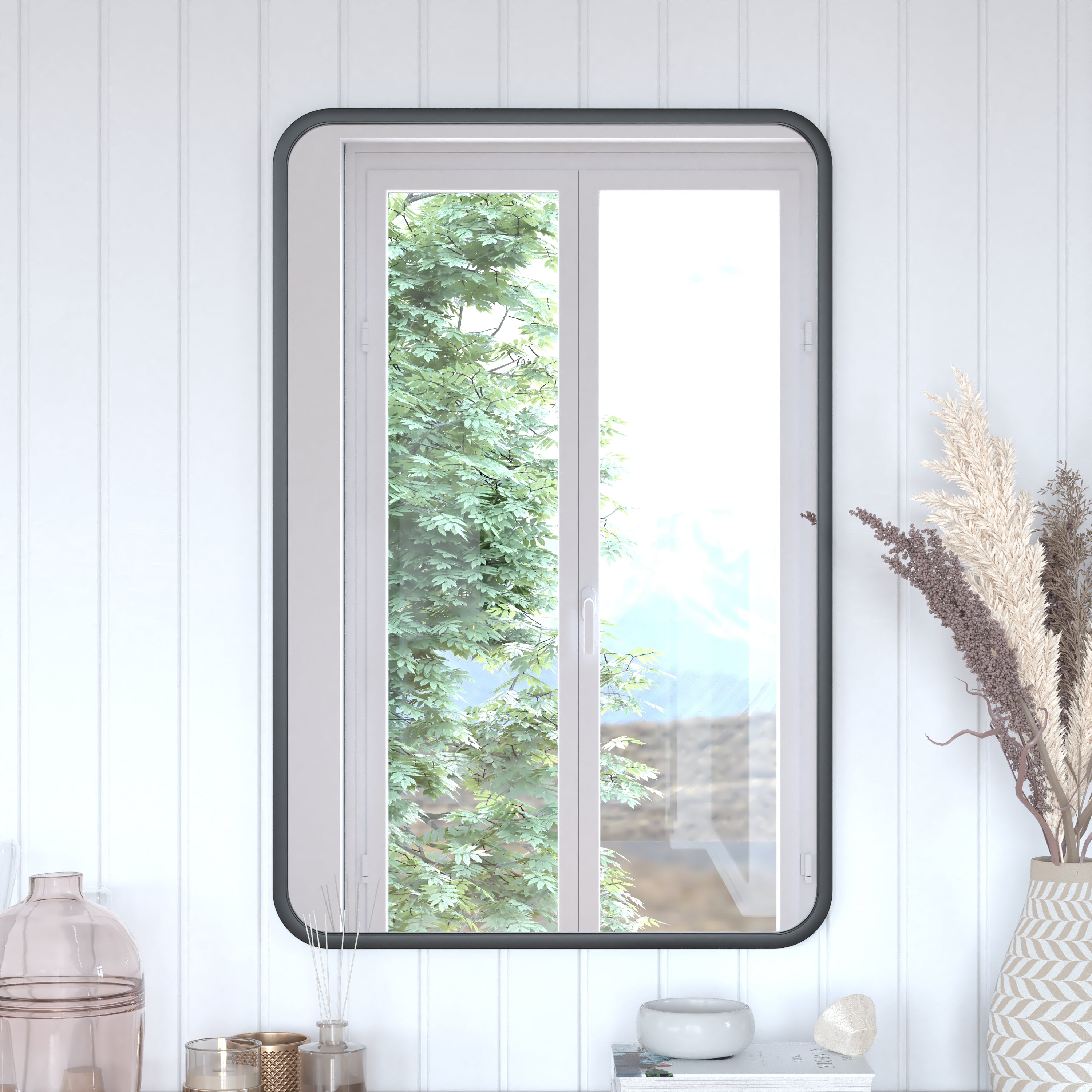 Jada 24" x 36" Decorative Wall Mirror - Rounded Corners, Bathroom & Living Room Glass Mirror Hangs Horizontal Or Vertical, Matte Black