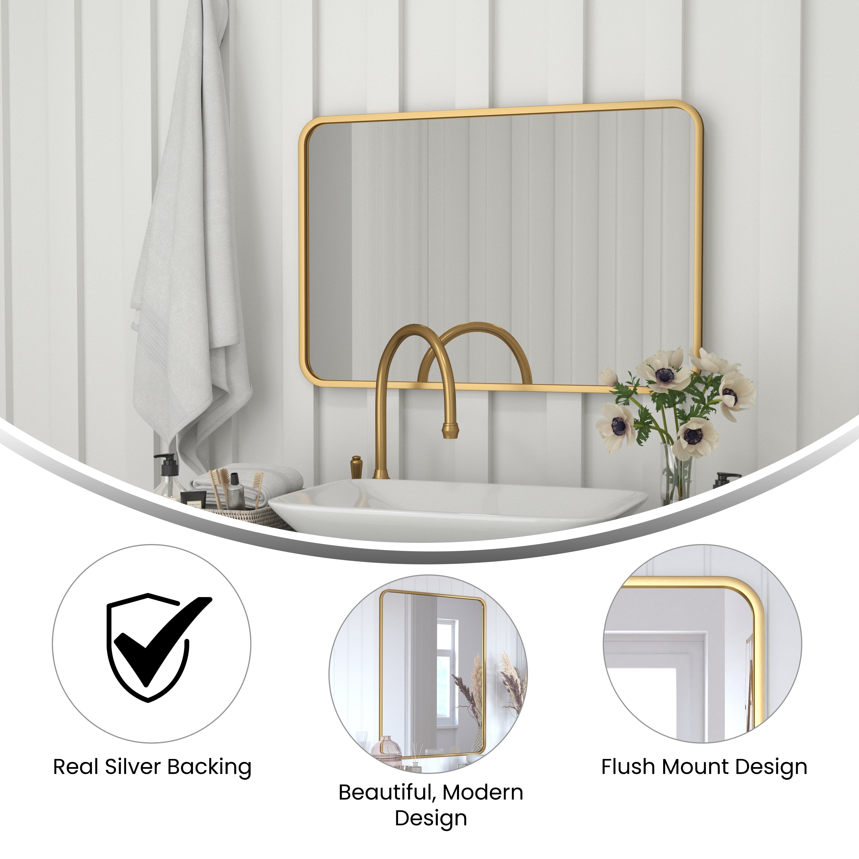 Jada 24" x 36" Decorative Wall Mirror - Rounded Corners, Bathroom & Living Room Glass Mirror Hangs Horizontal Or Vertical, Matte Gold