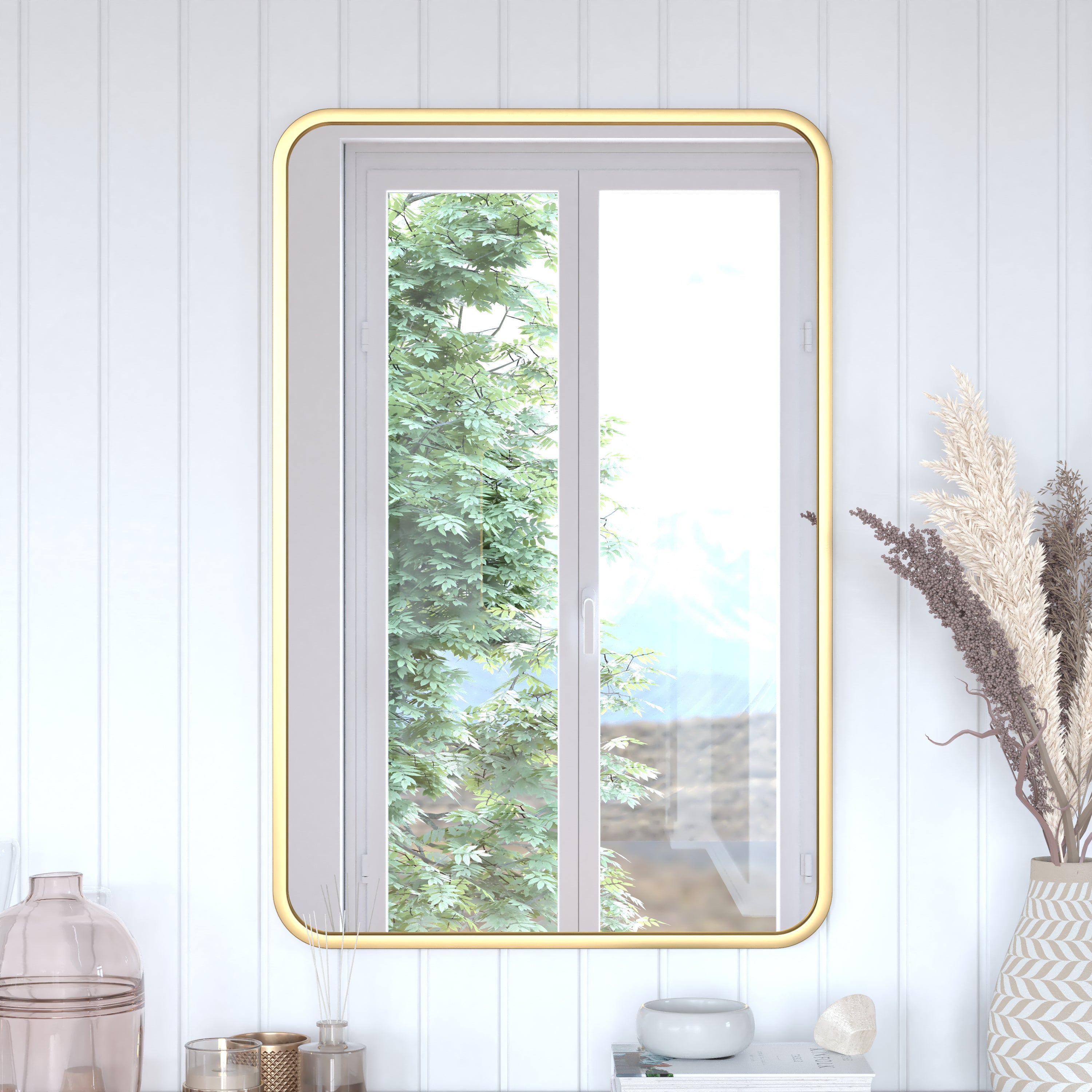 Jada 24" x 36" Decorative Wall Mirror - Rounded Corners, Bathroom & Living Room Glass Mirror Hangs Horizontal Or Vertical, Matte Gold